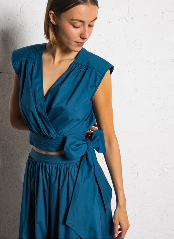 Top col v en coton mélangé paquerette Bleu by MAISON 123 MAISON 123 Top col v en coton mélangé paquerette Bleu