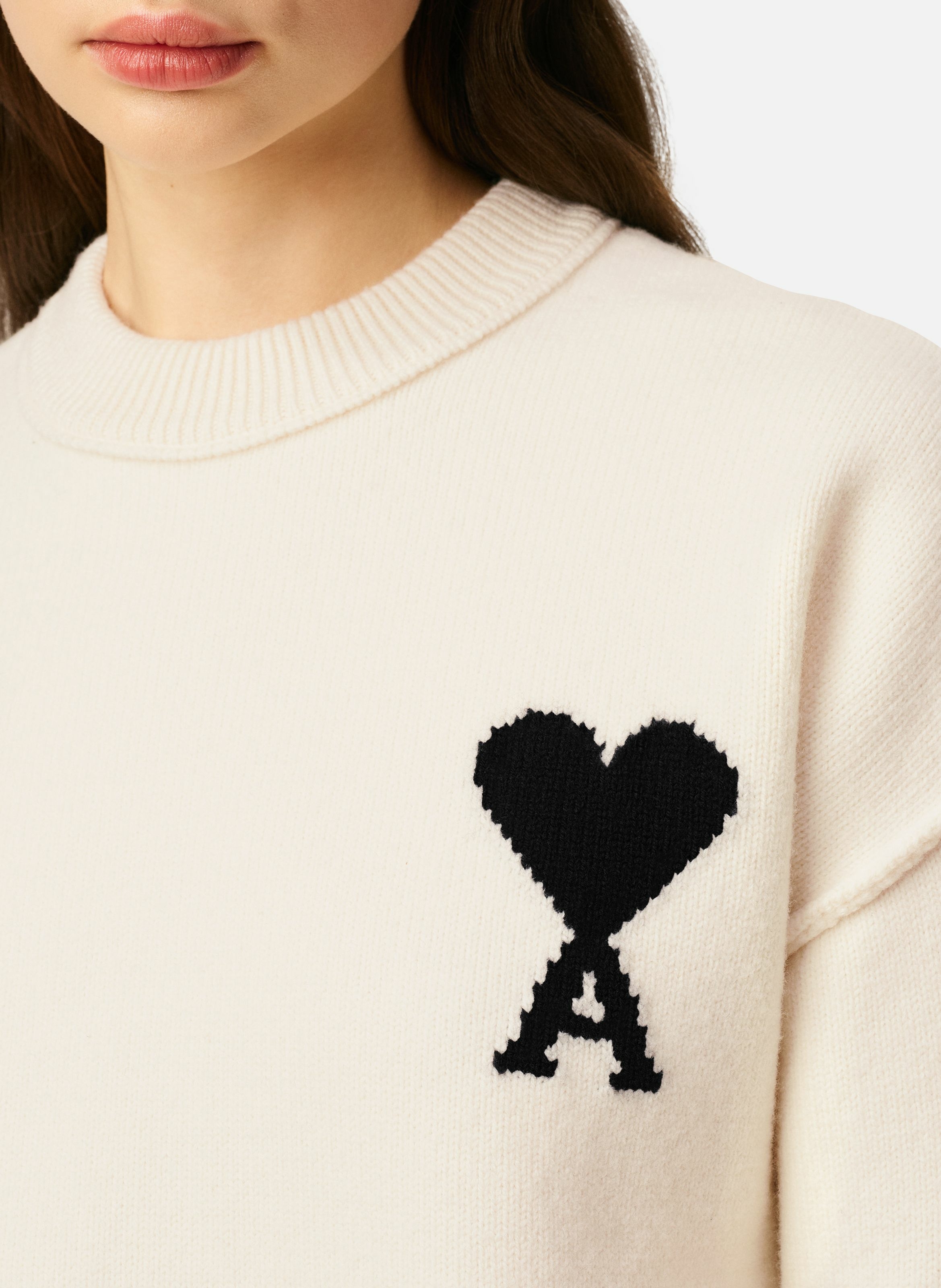 Pull col rond ami de coeur en laine unisexe AMI PARIS Blanc