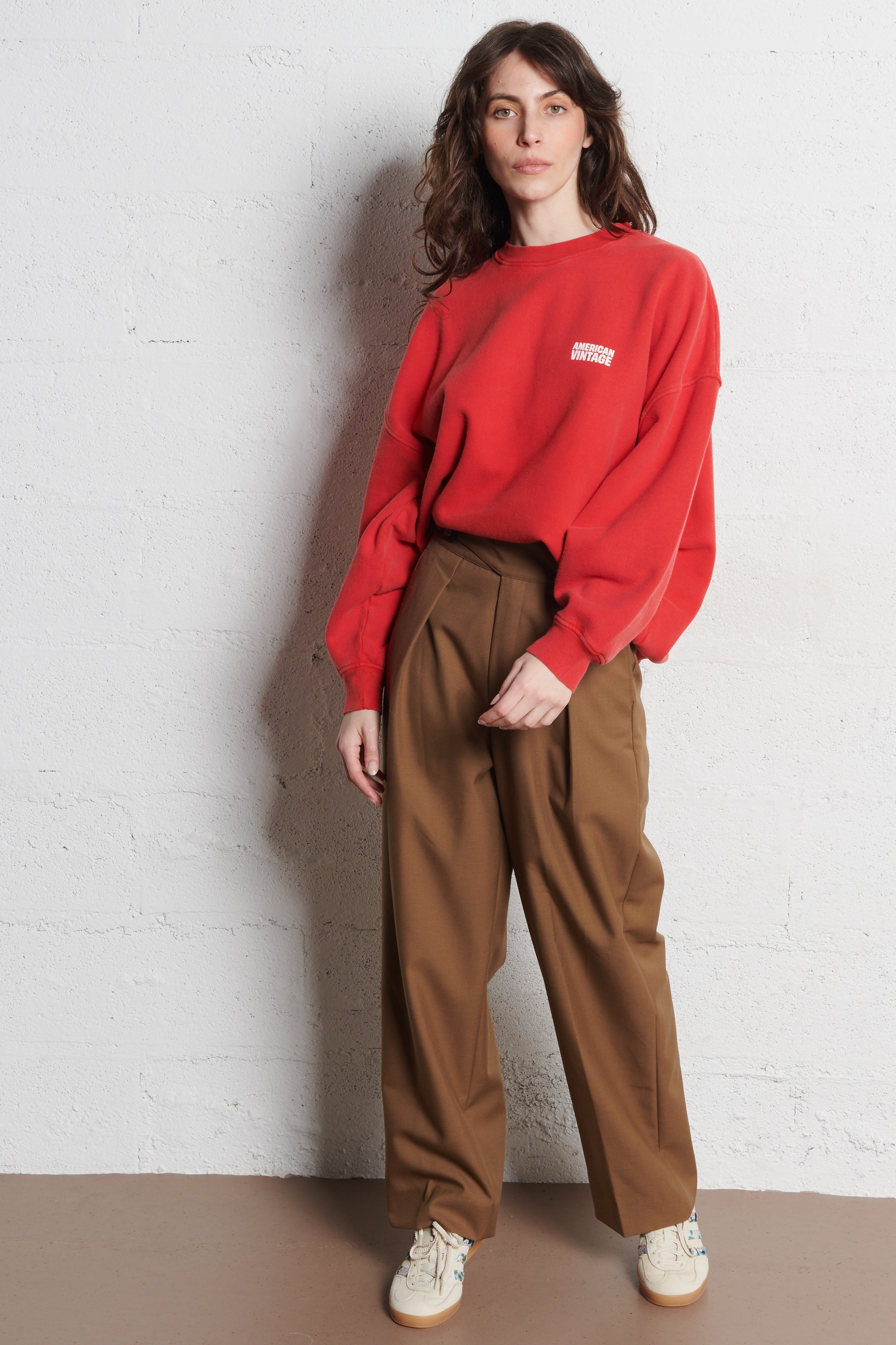 Sweat ample col rond sérigraphié en coton plizzy AMERICAN VINTAGE Rouge