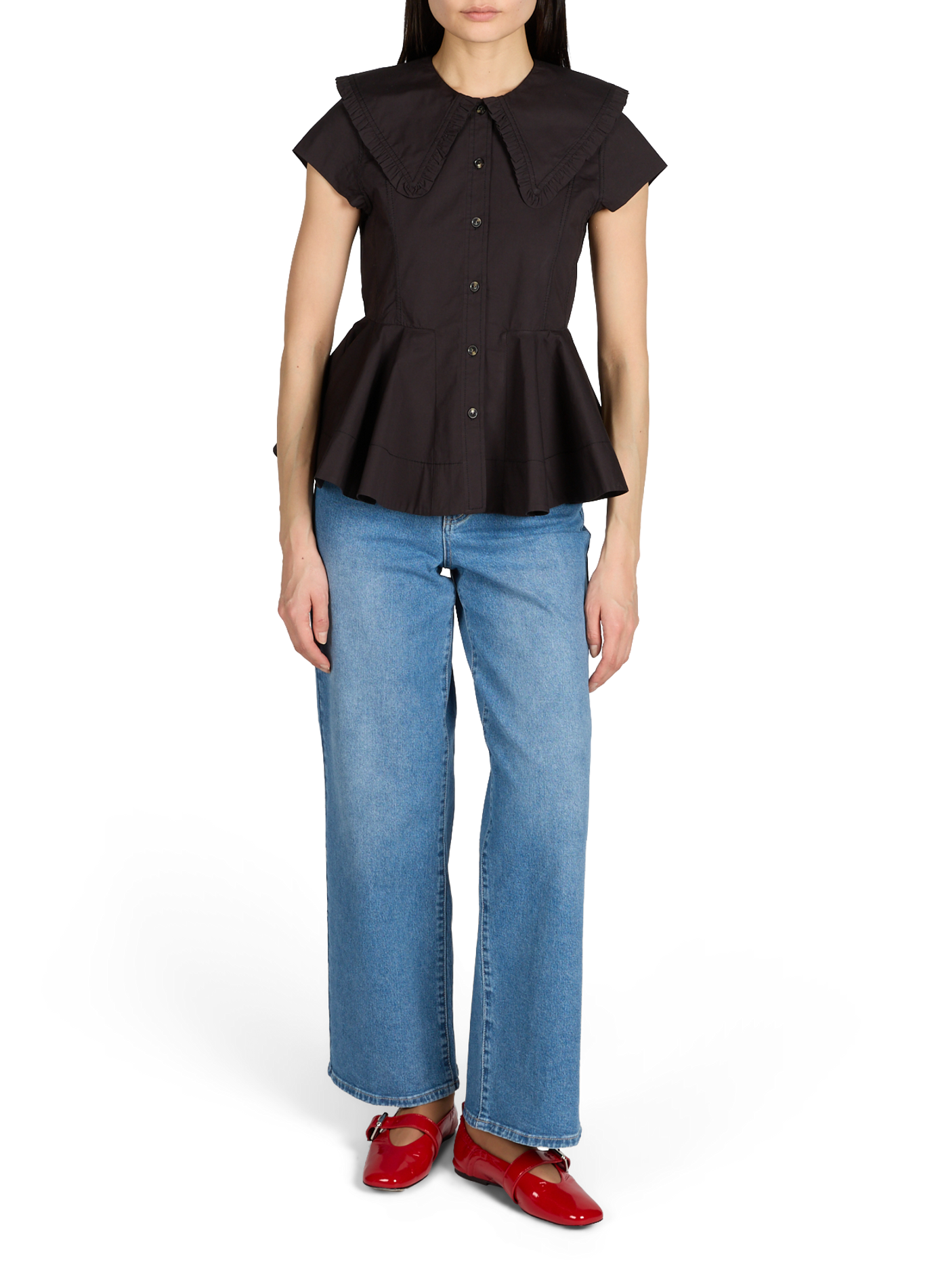 Shirt with ruffled collar and short sleeves in blended cotton GANNI Black
