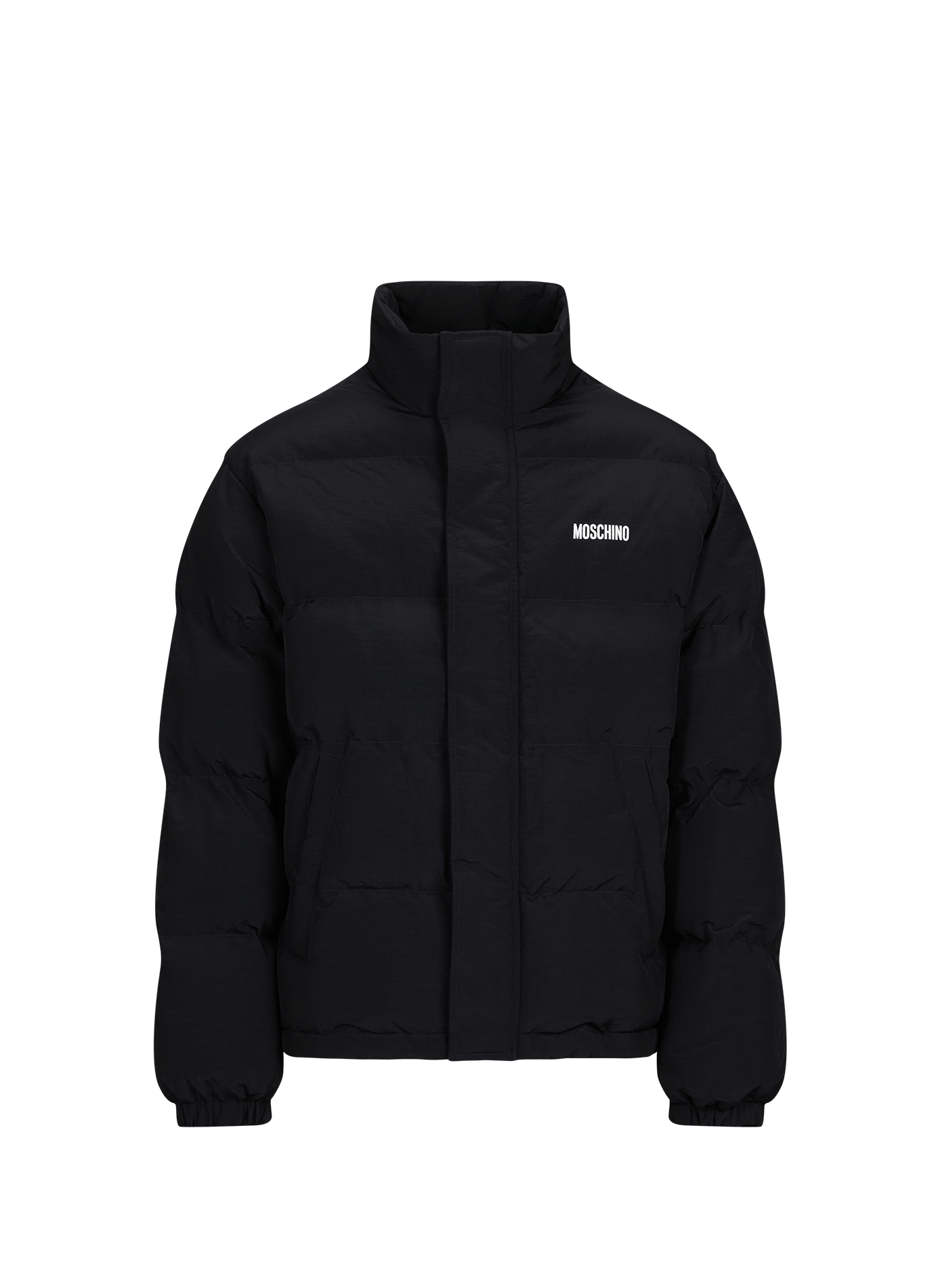 Quilted puffer jacket with high collar and smiley face on the back MOSCHINO Black