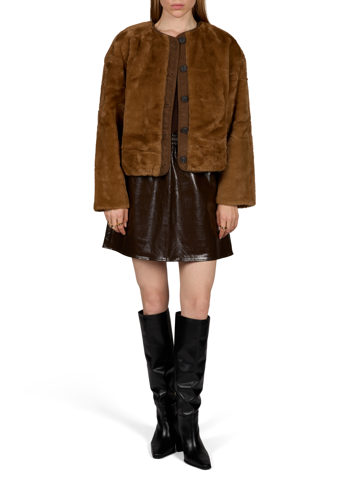 Round-Neck Fur Jacket VILA Brown