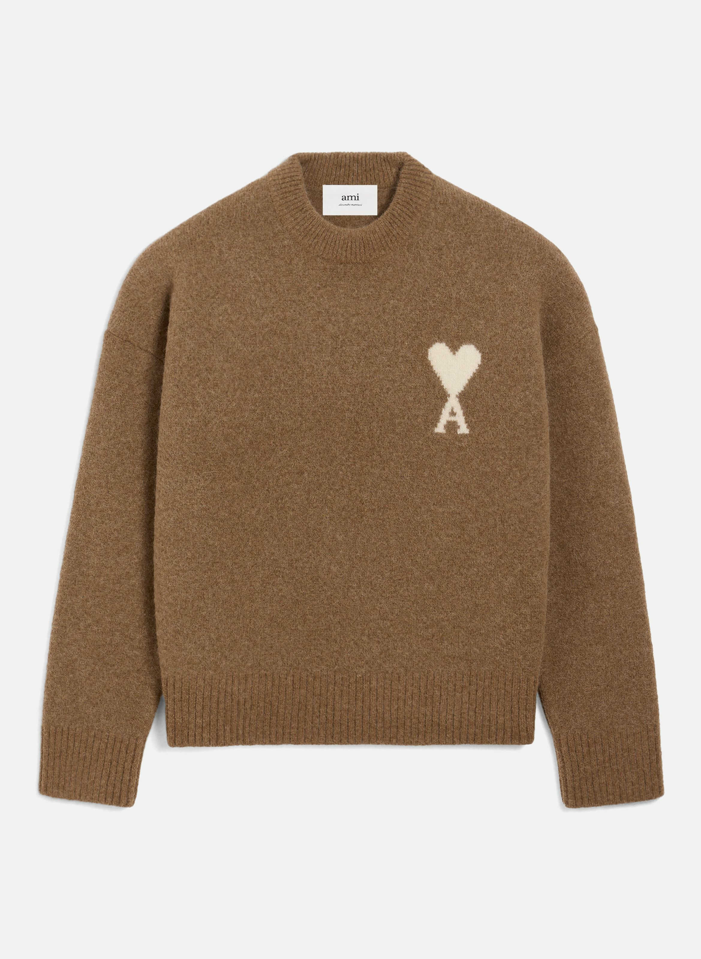 AMI PARIS Pull col rond ami de coeur en alpaga unisexe Marron