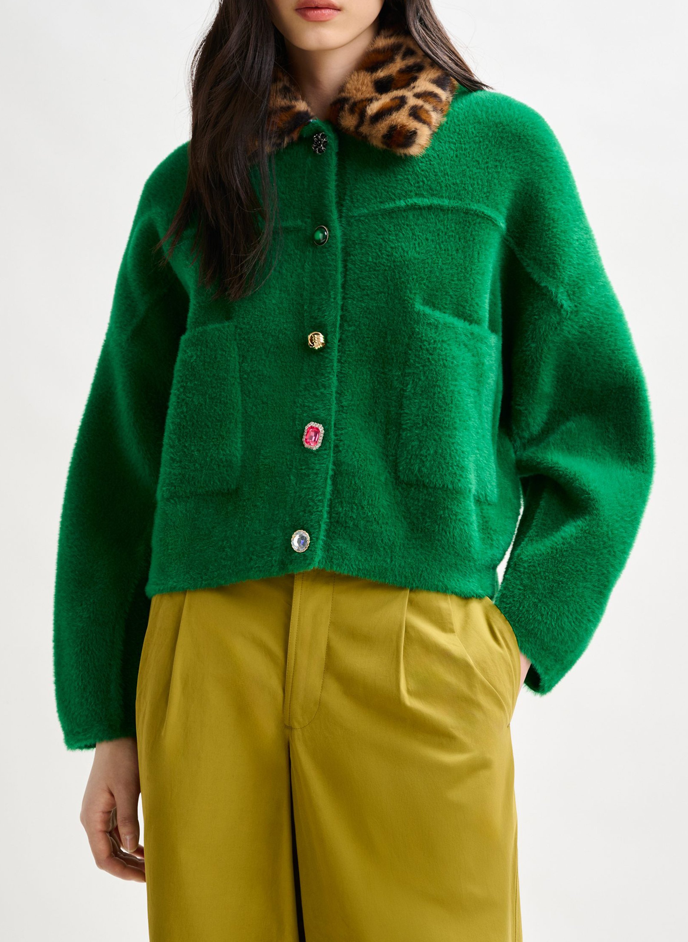 Cardigan ample à col fourrure amovible intention ESSENTIEL ANTWERP Vert