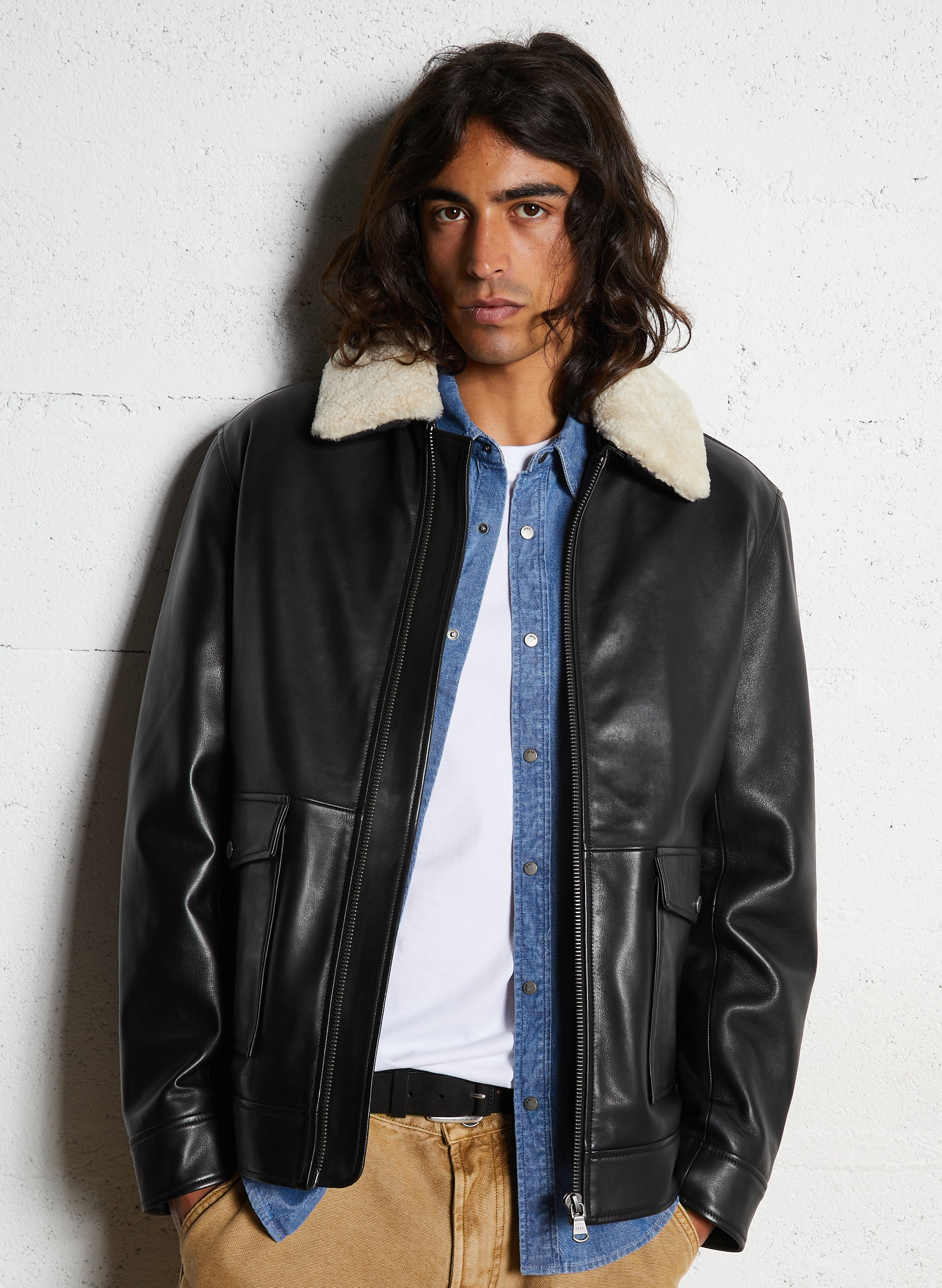 Blouson en cuir droit IKKS Noir