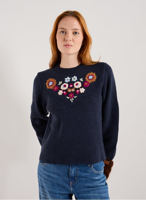 Pull à manches longues blanc motif fleurs bleues Pull à manches longues blanc motif fleurs bleues