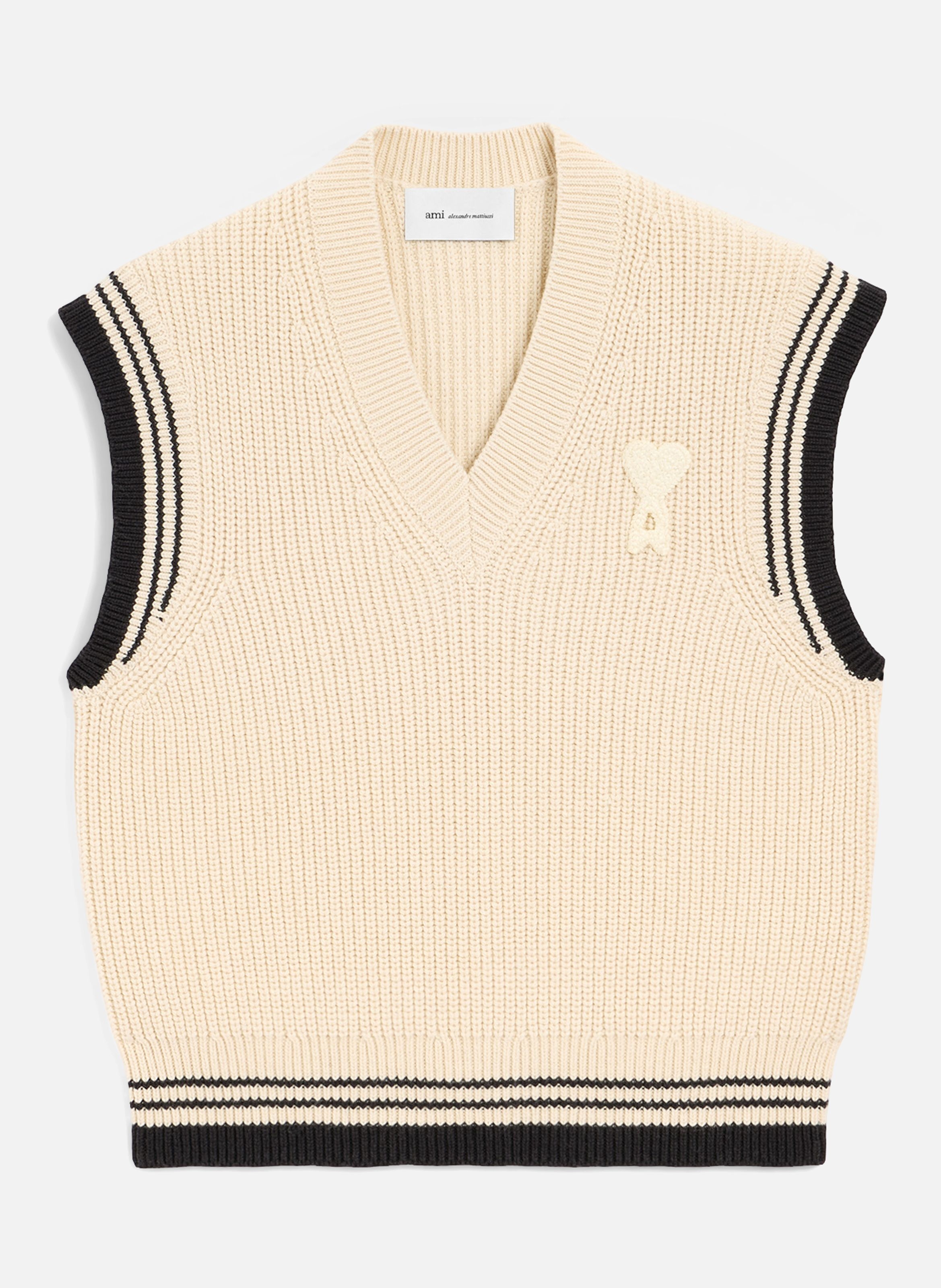 Pull col v sans manches ami de coeur en laine côtelée unisexe AMI PARIS Blanc