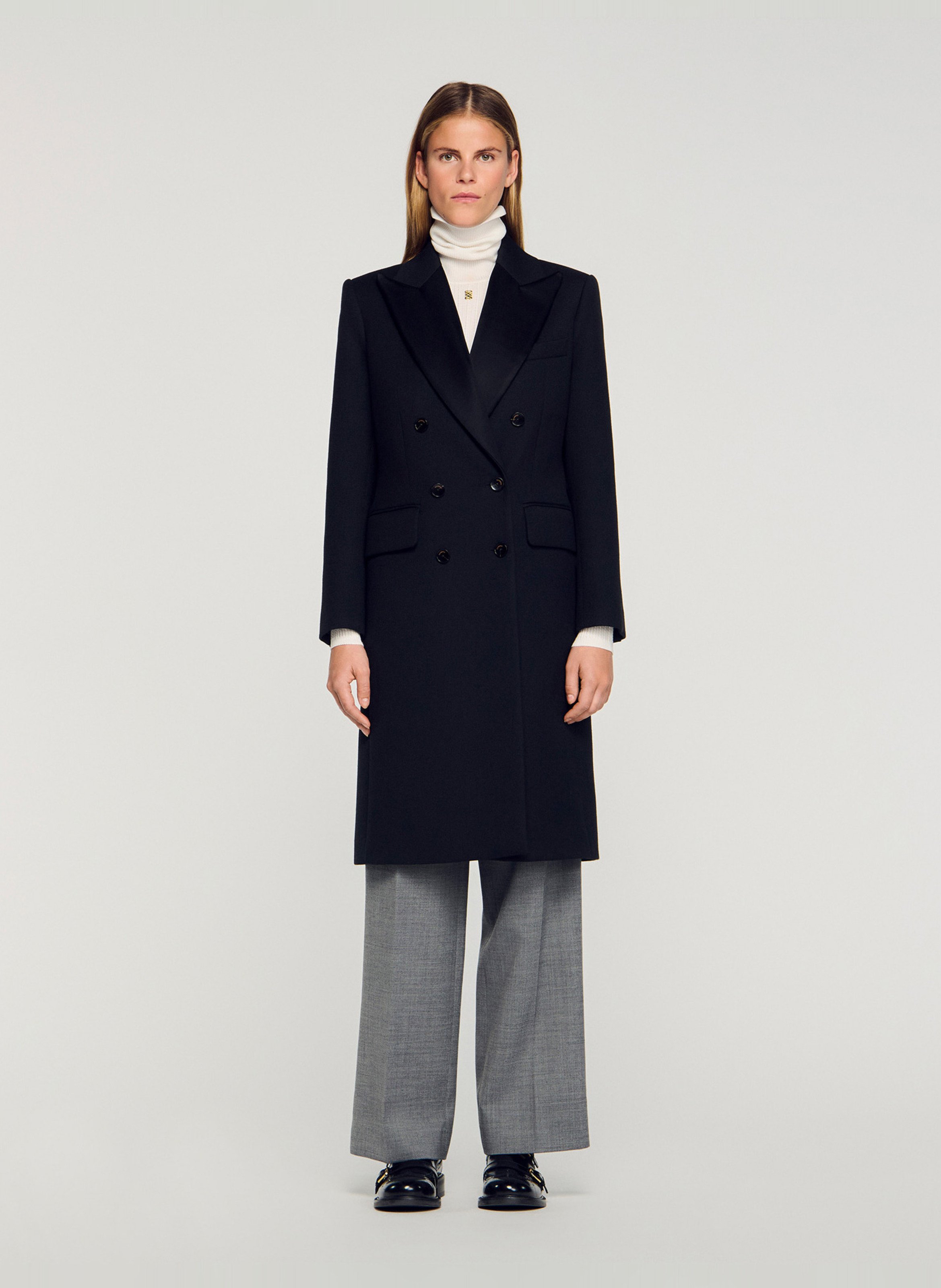 Manteau long à revers satiné SANDRO Noir