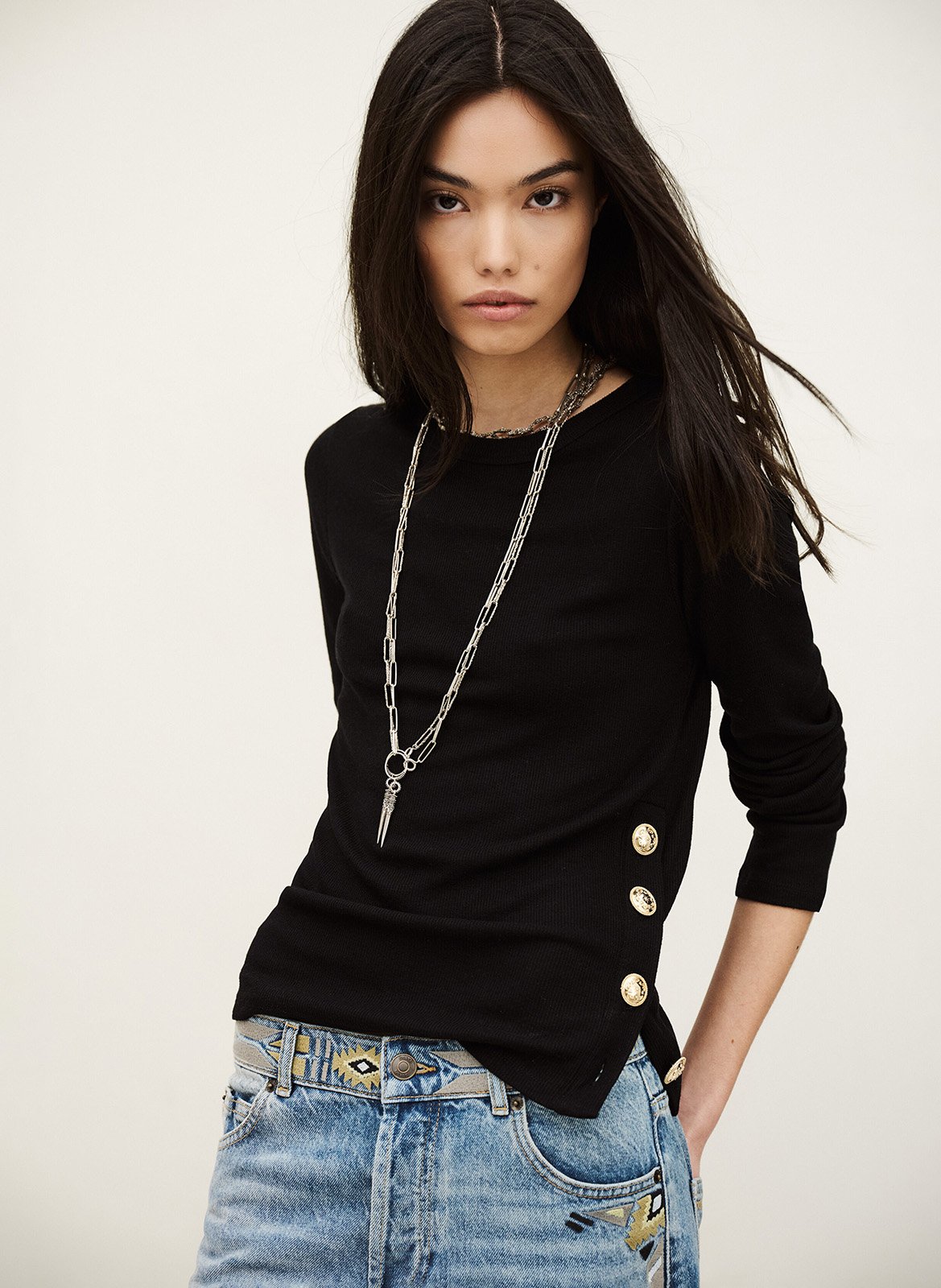 Tee-shirt droit côtelé col rond giulia BA&SH Noir