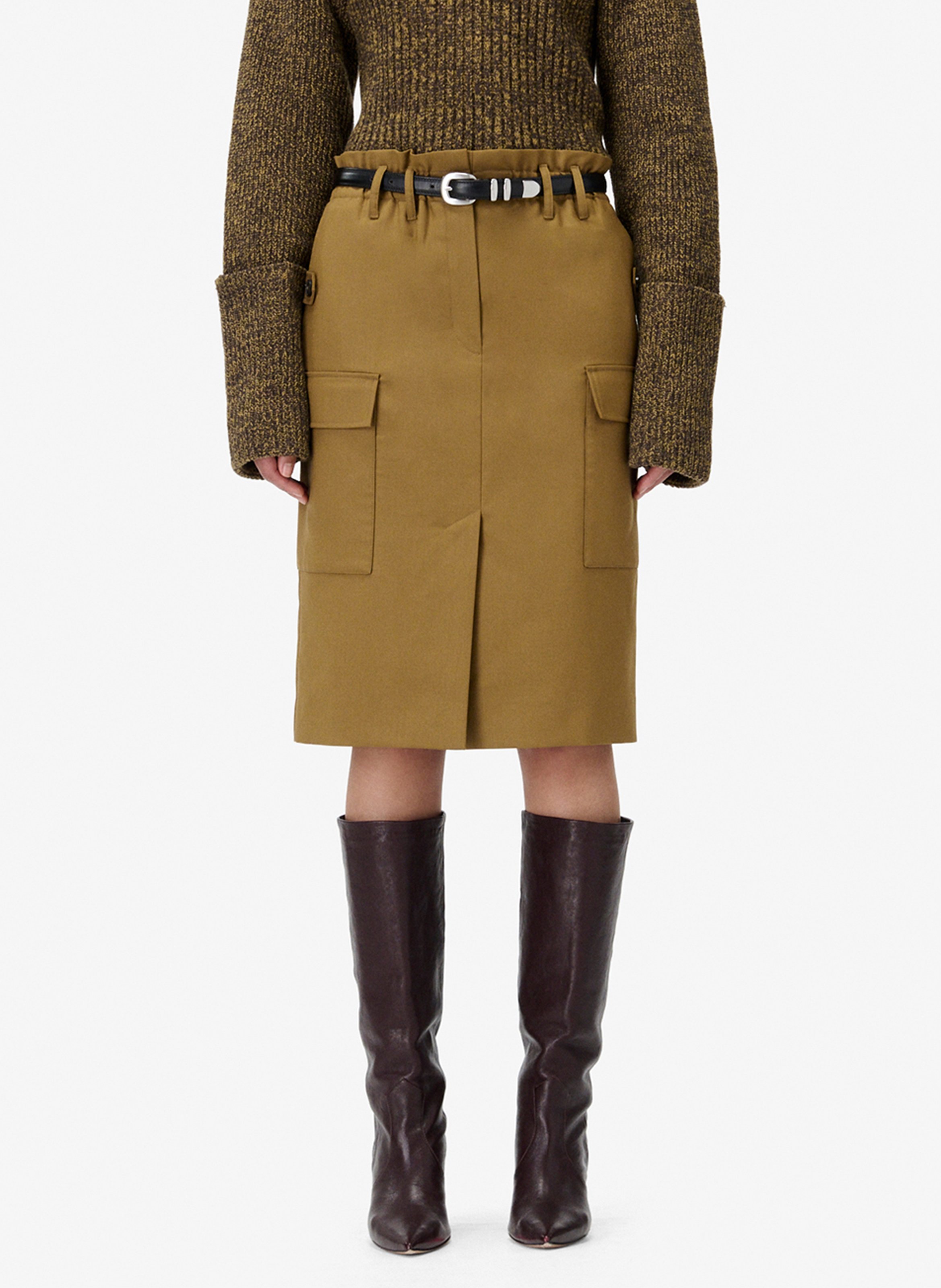 Jupe midi droite à poches en laine carrie IRO Marron