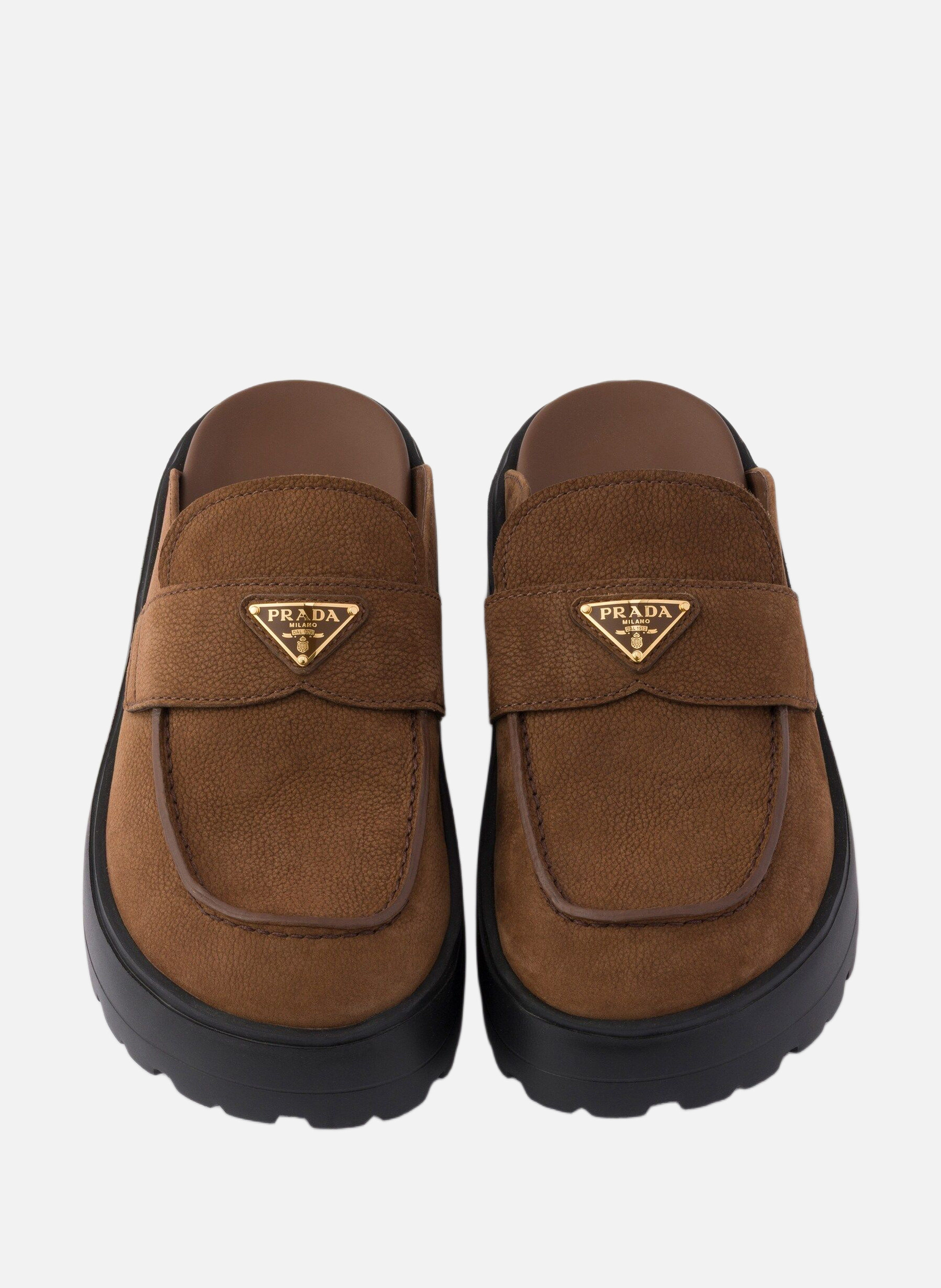 Mules à semelle plateforme en nubuck PRADA Marron
