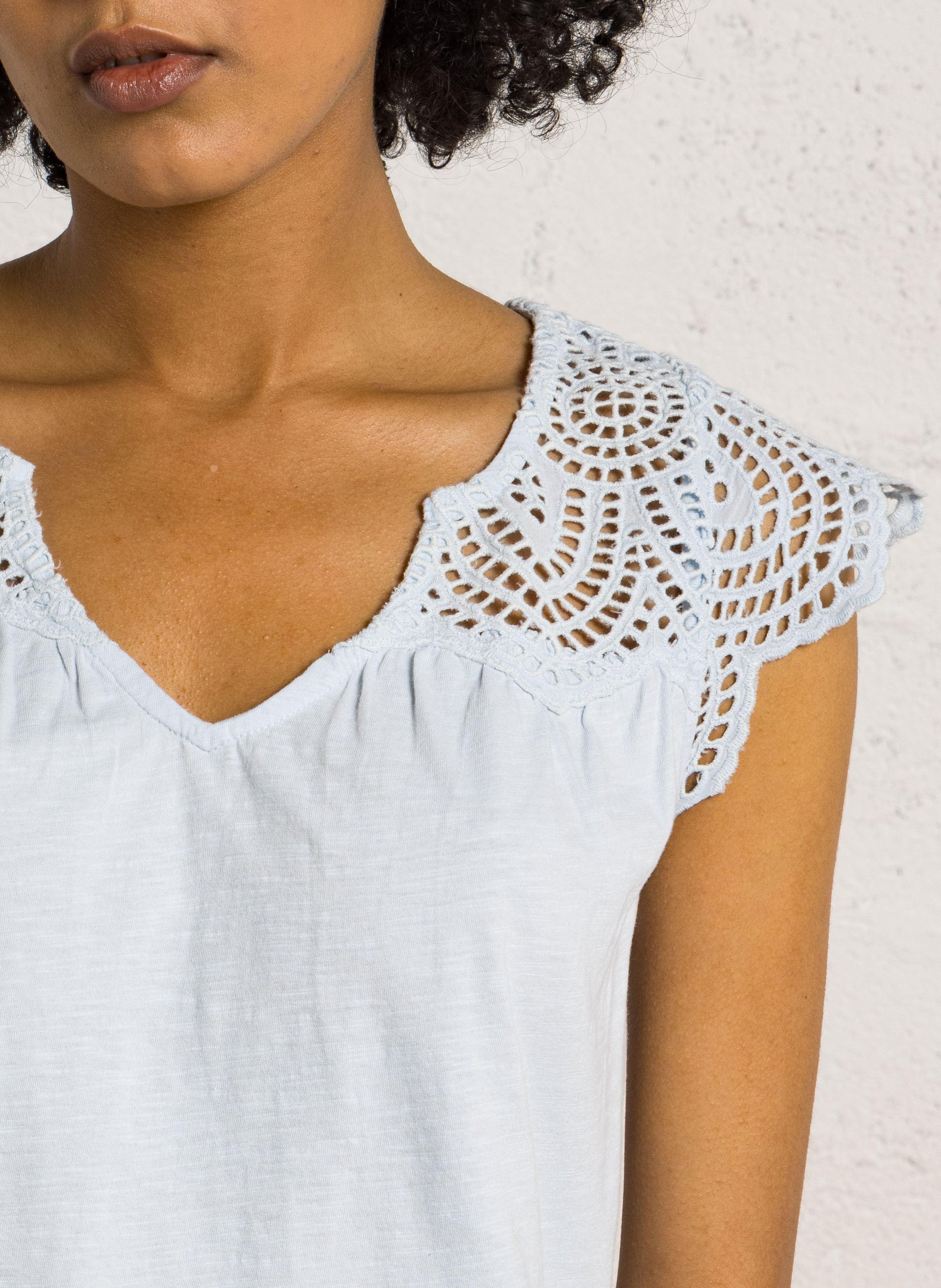 Top col v en coton lilou Bleu