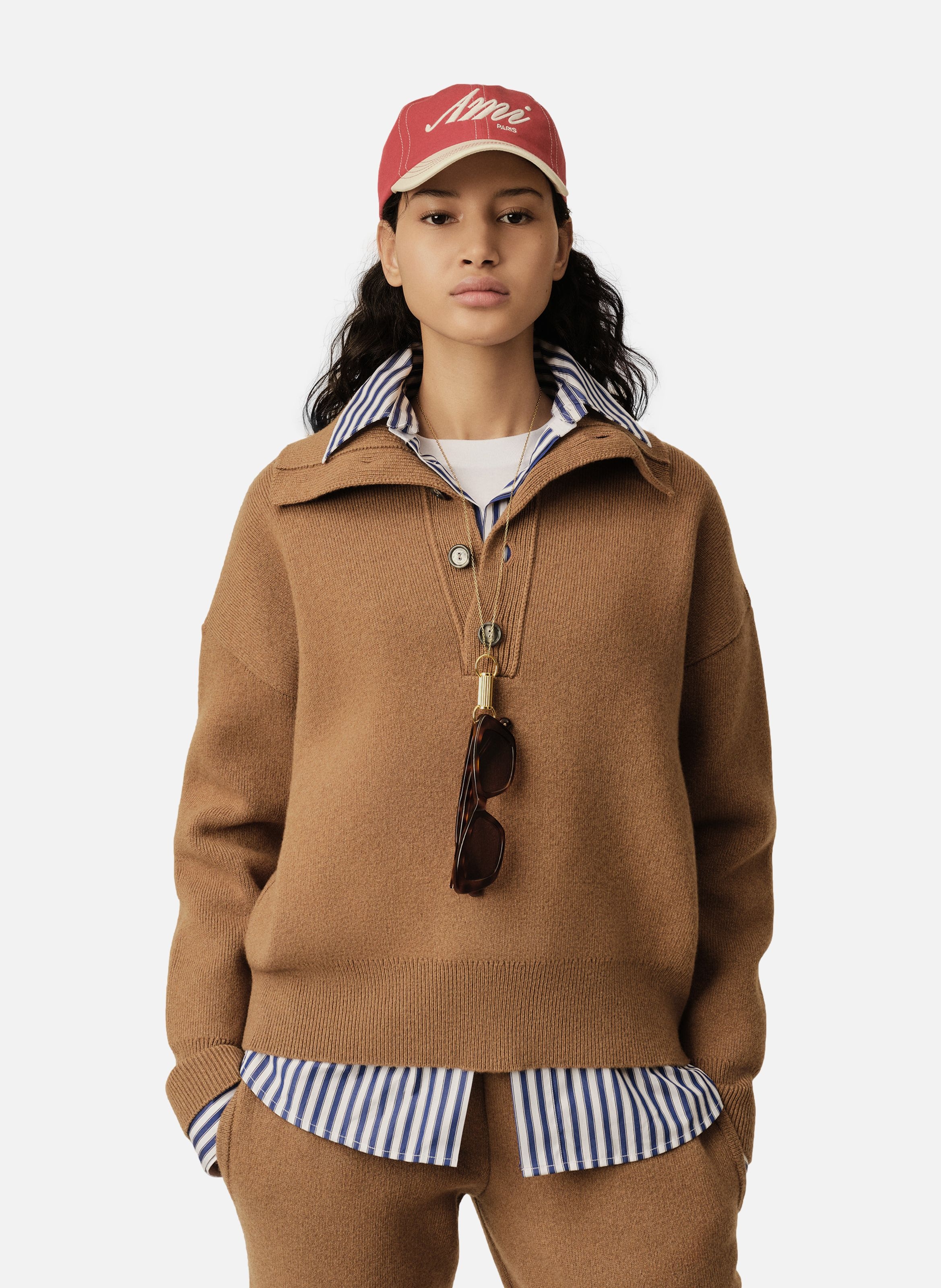 Pull col montant boutonné unisexe en laine AMI PARIS Marron