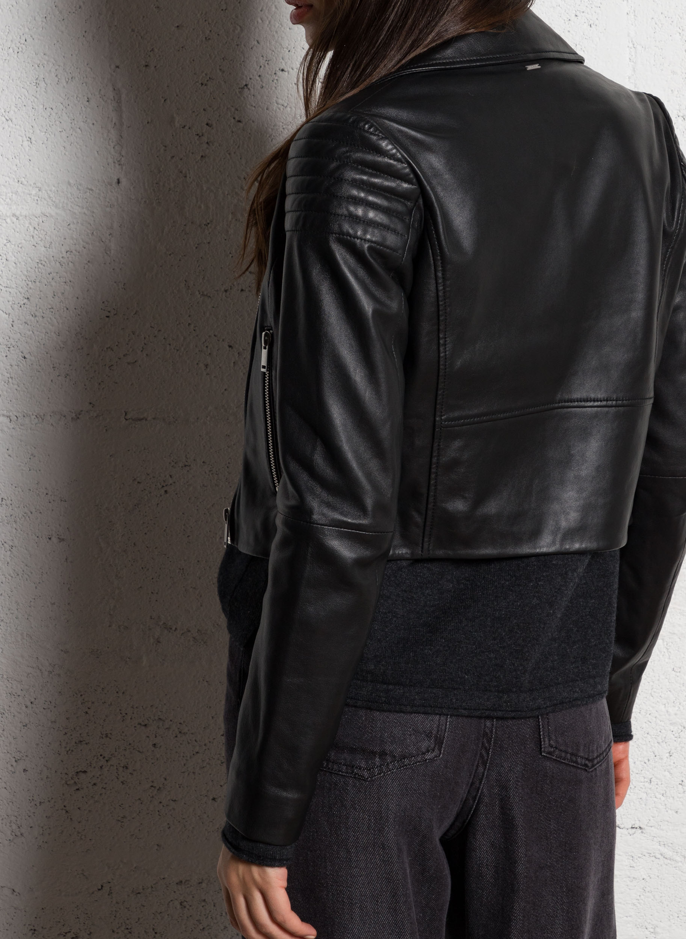 Blouson col tailleur en cuir d'agneau IKKS Noir