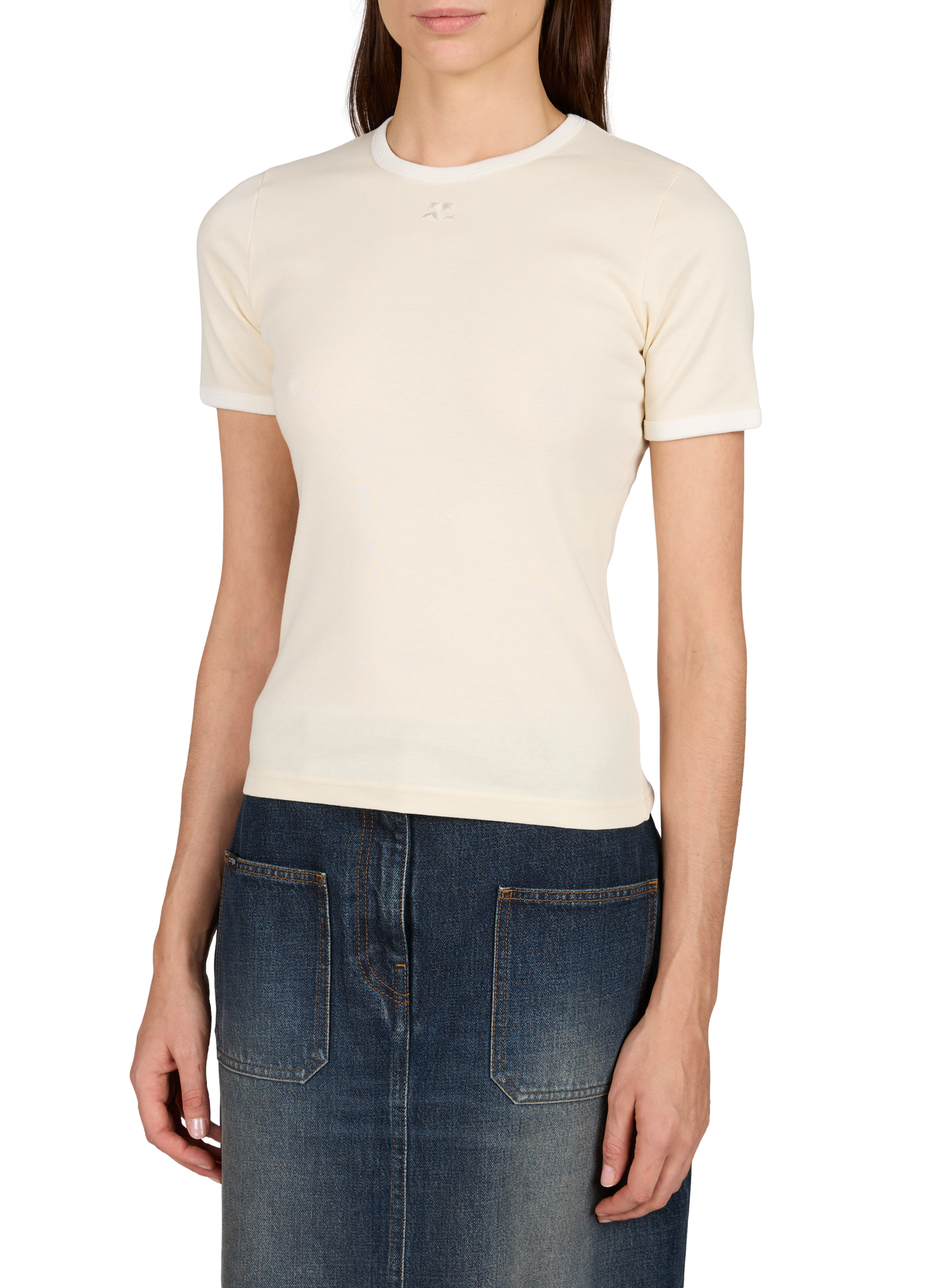 Signature straight contrast T-shirt with round neck in cotton COURRÈGES White