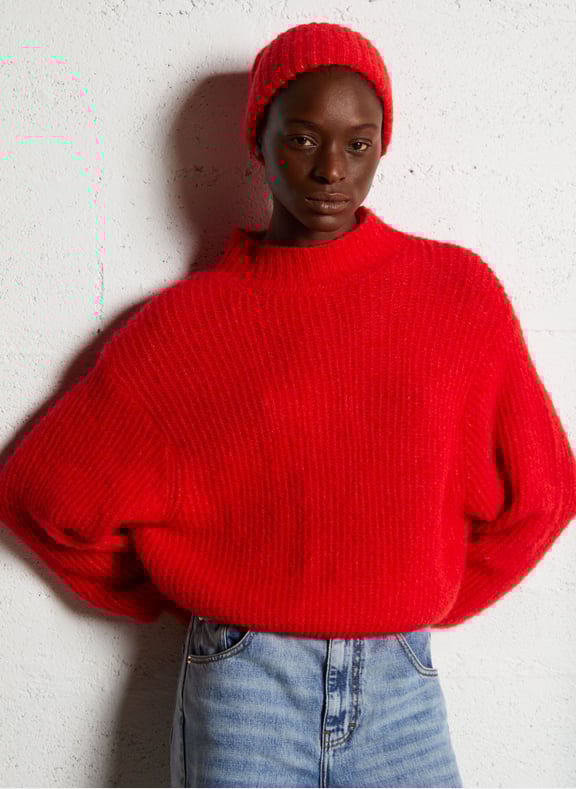 Pull col montant en maille mélangée east Rouge by AMERICAN VINTAGE AMERICAN VINTAGE Pull col montant en maille mélangée east Rouge