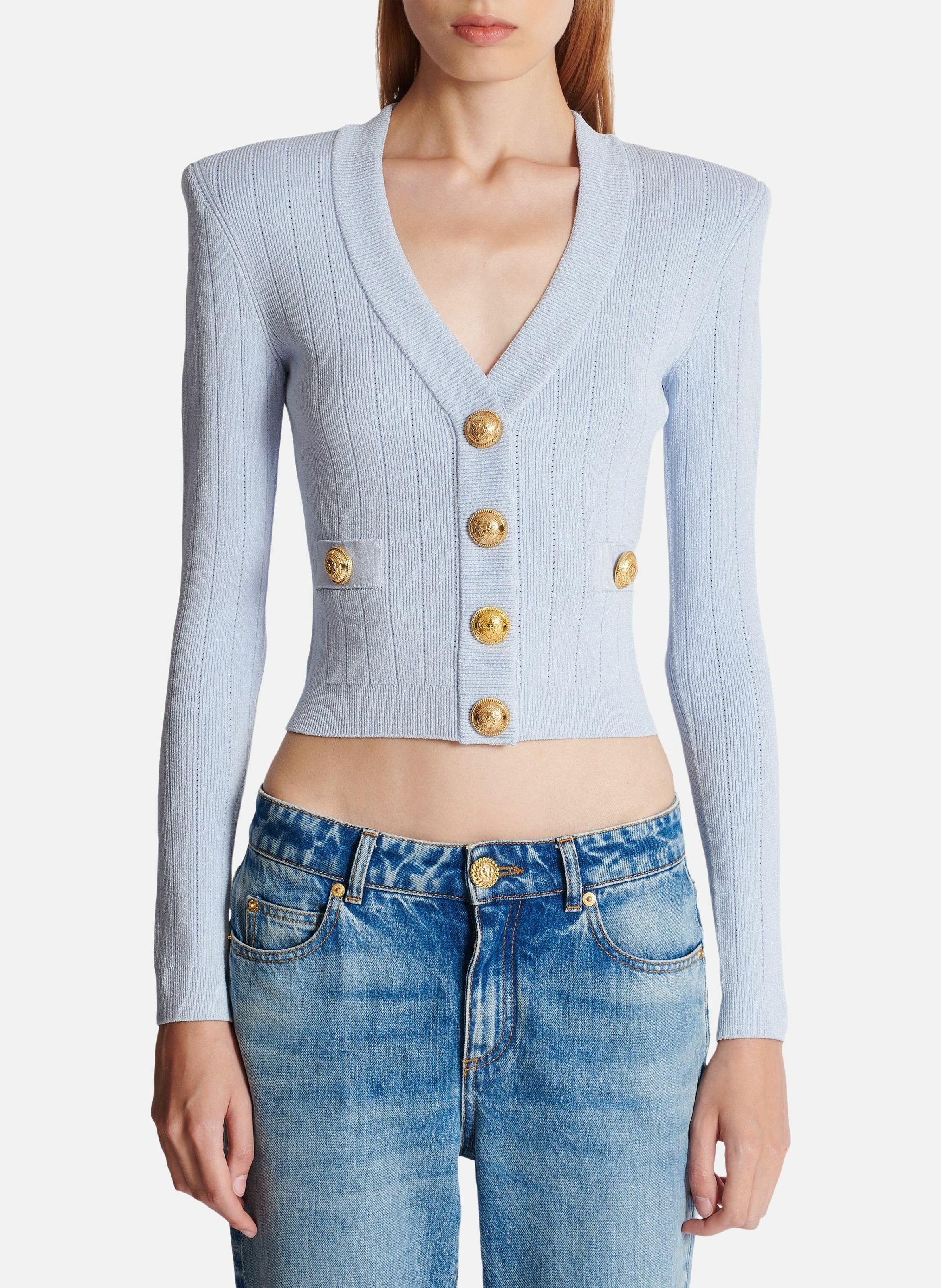 Cardigan court en maille BALMAIN Bleu