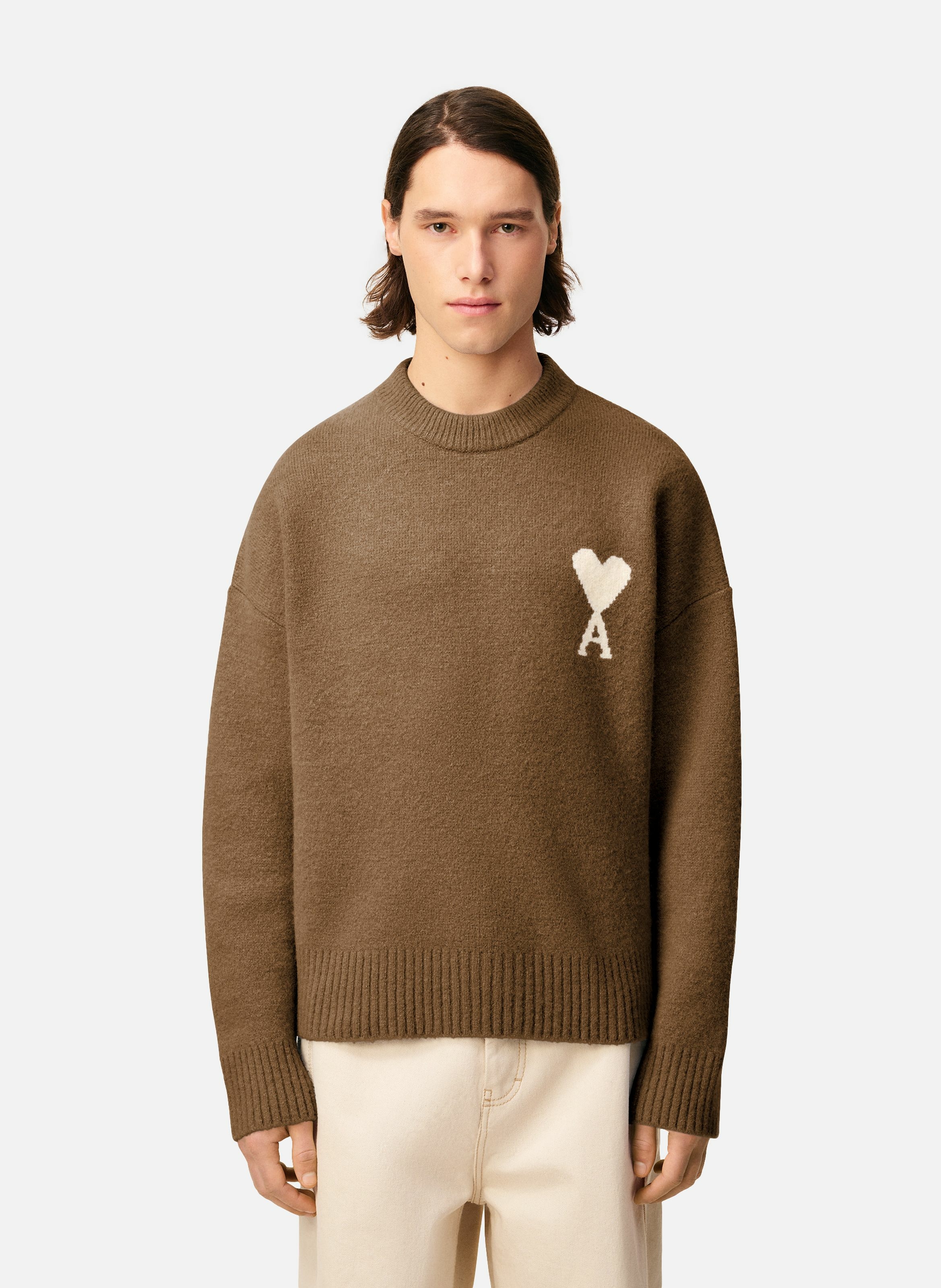 Pull col rond ami de coeur en alpaga unisexe AMI PARIS Marron
