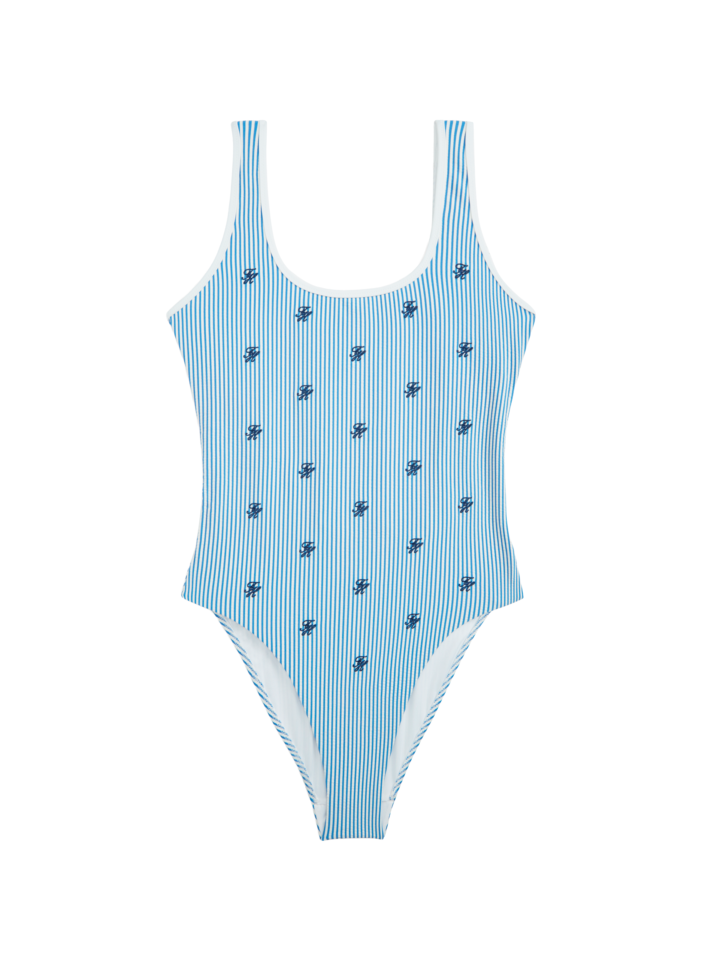 One-piece swimsuit with striped pattern, embroidered logo, and open back. TOMMY HILFIGER Blue