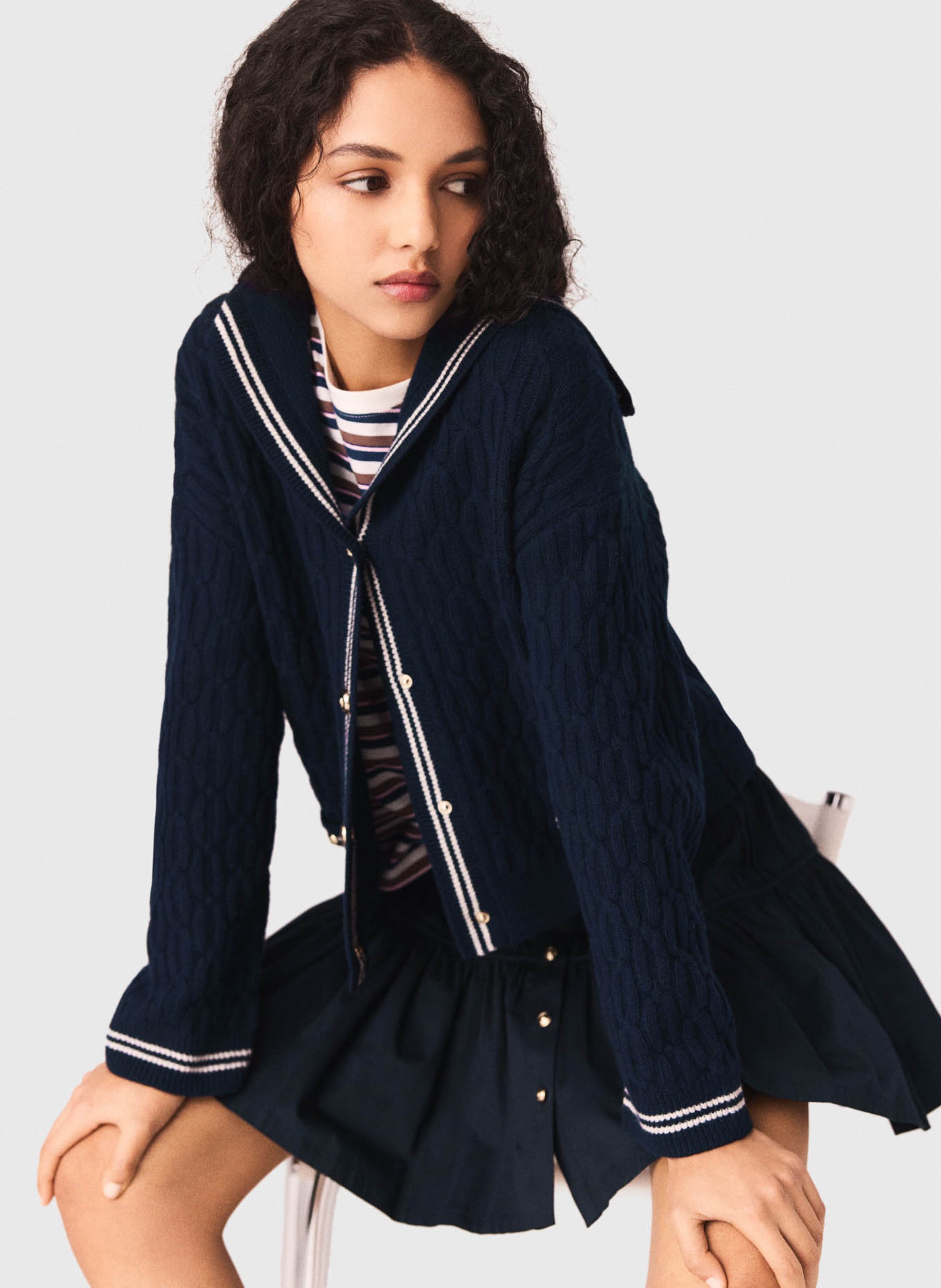 Gilet droit col rabattu en laine tricotée MAJE Bleu