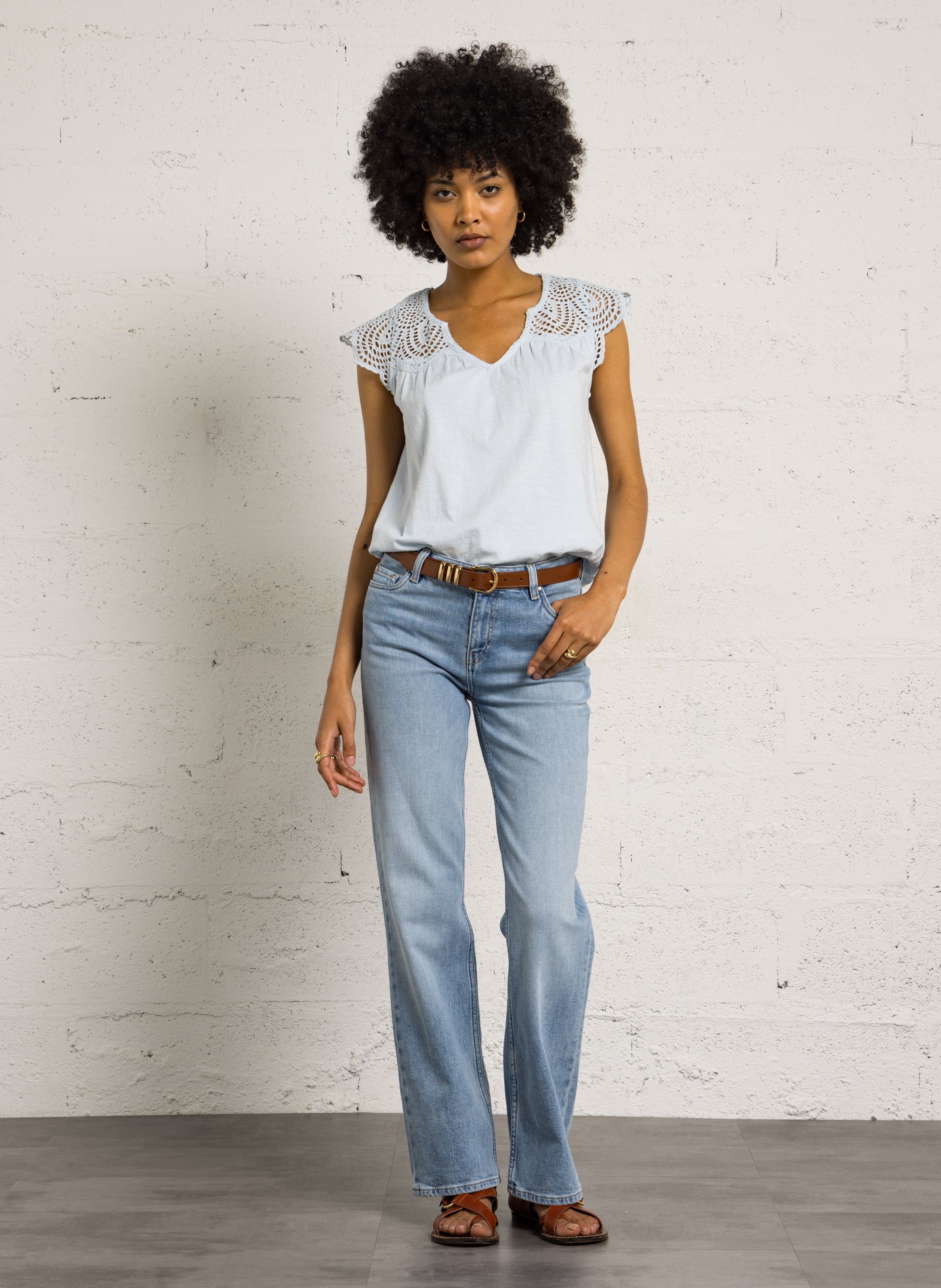 Top col v en coton lilou Bleu