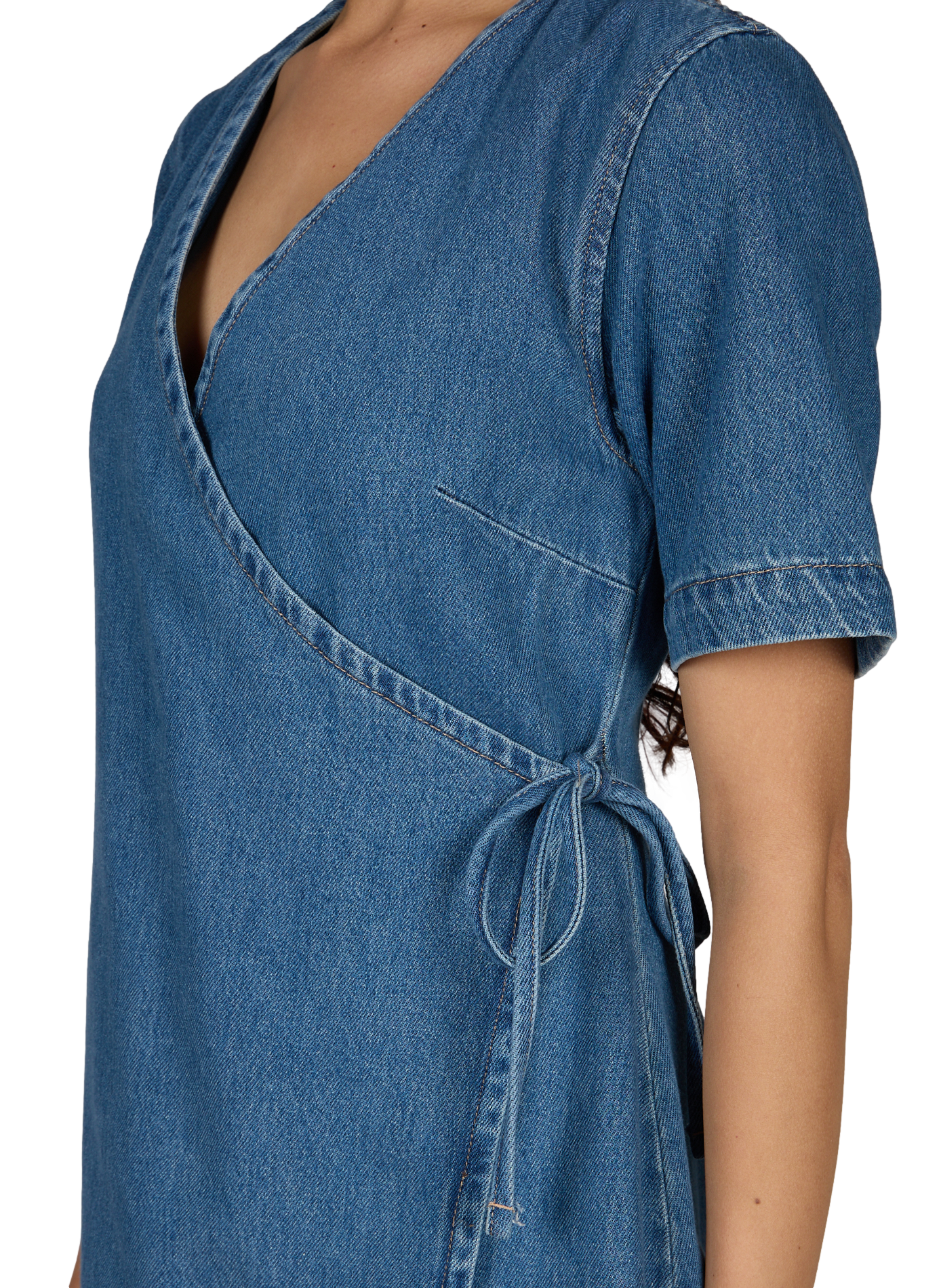 Robe portefeuille à manches courtes en denim de coton mélangé TOPSHOP Bleu