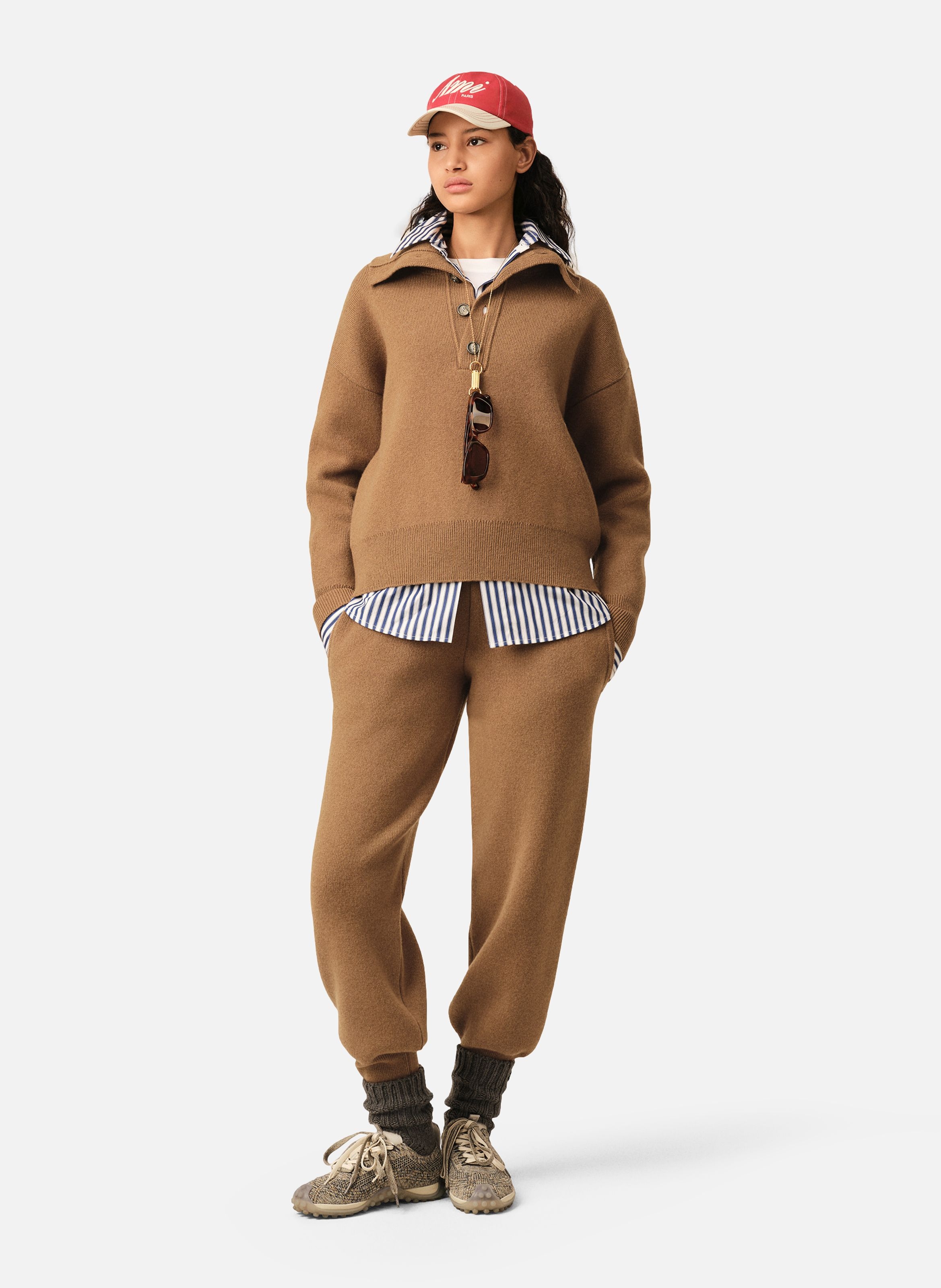 Pull col montant boutonné unisexe en laine AMI PARIS Marron