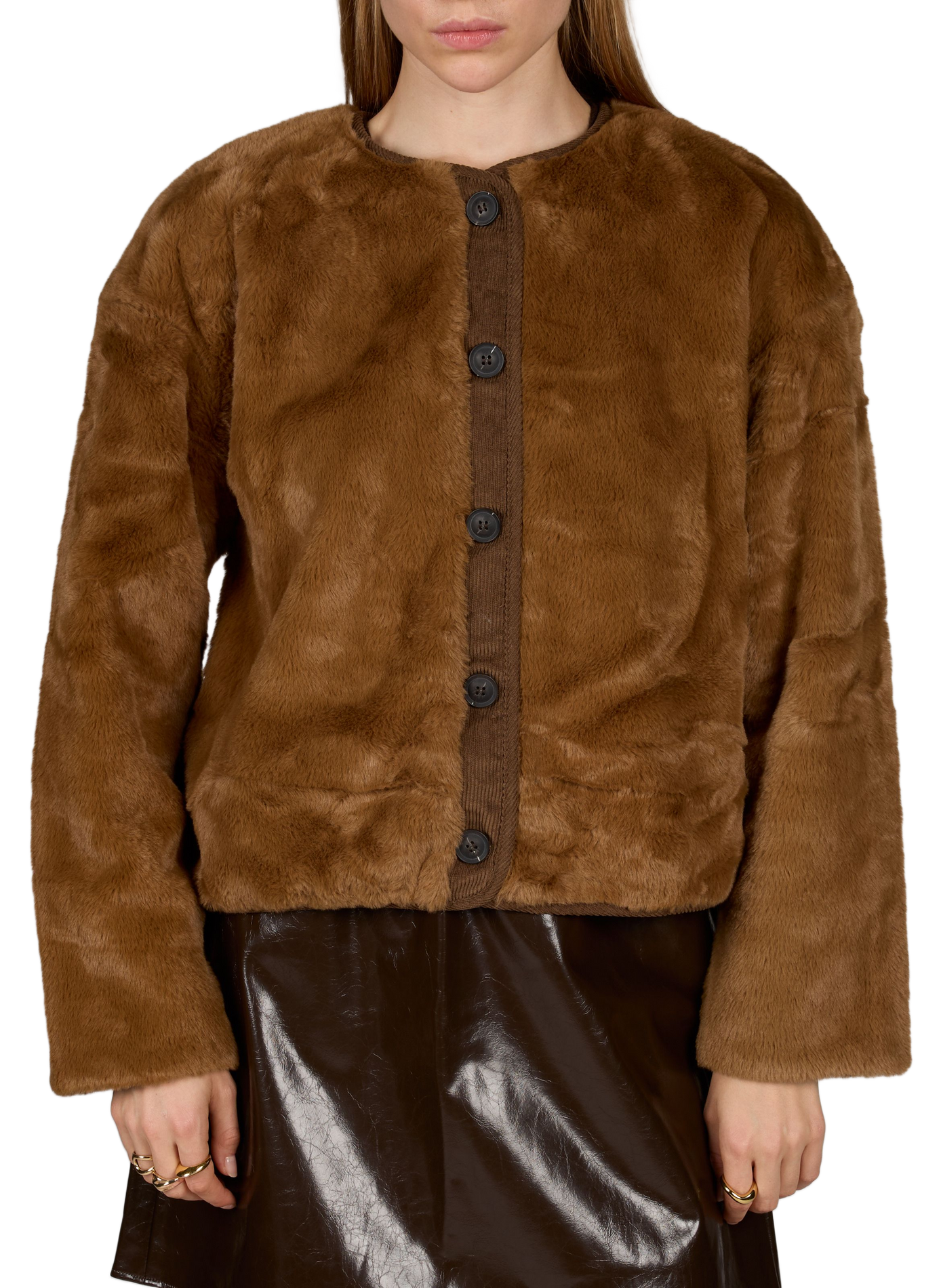Round-Neck Fur Jacket VILA Brown