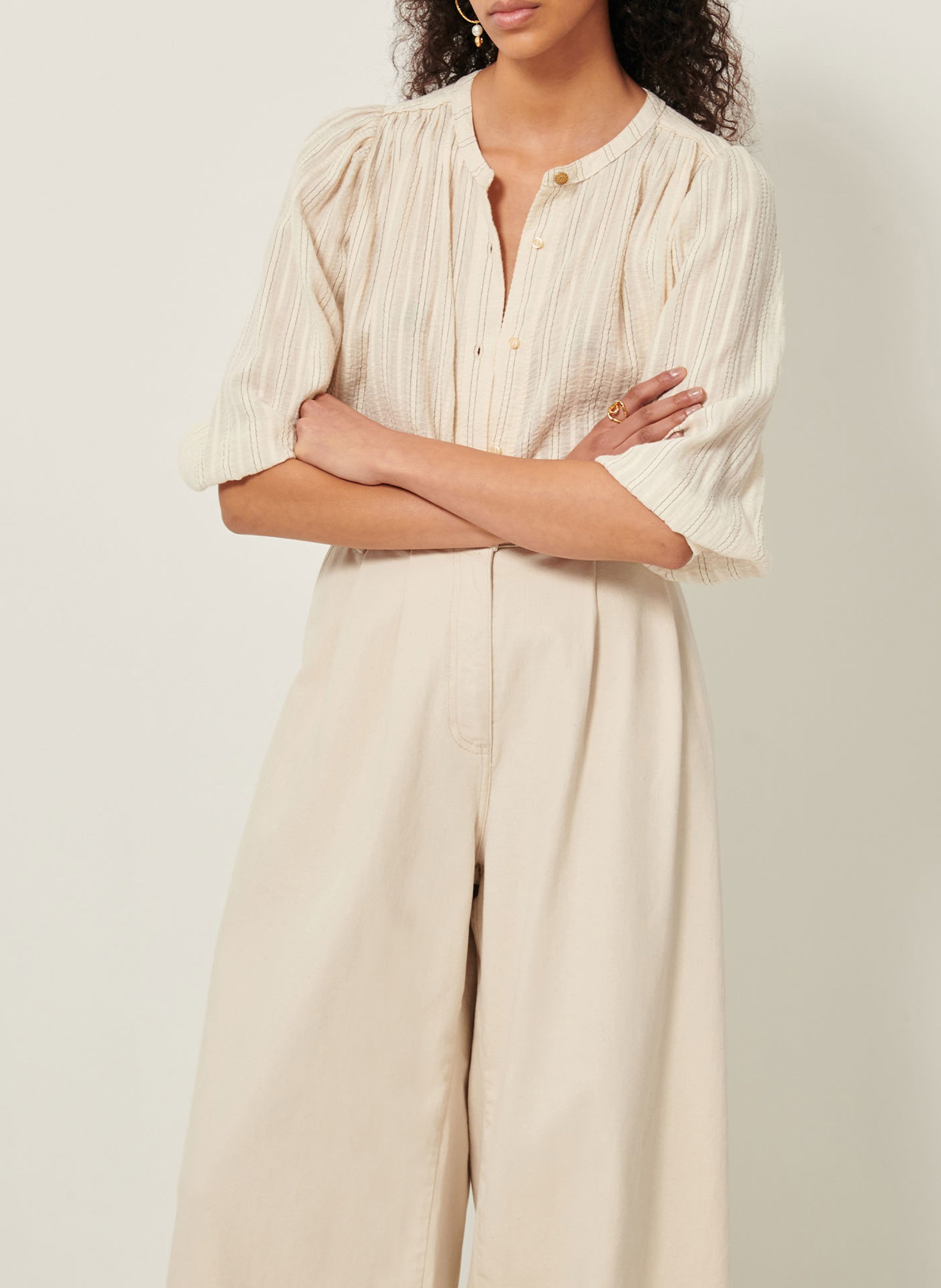 Chemise ample col mao en coton bio a view SESSUN Beige