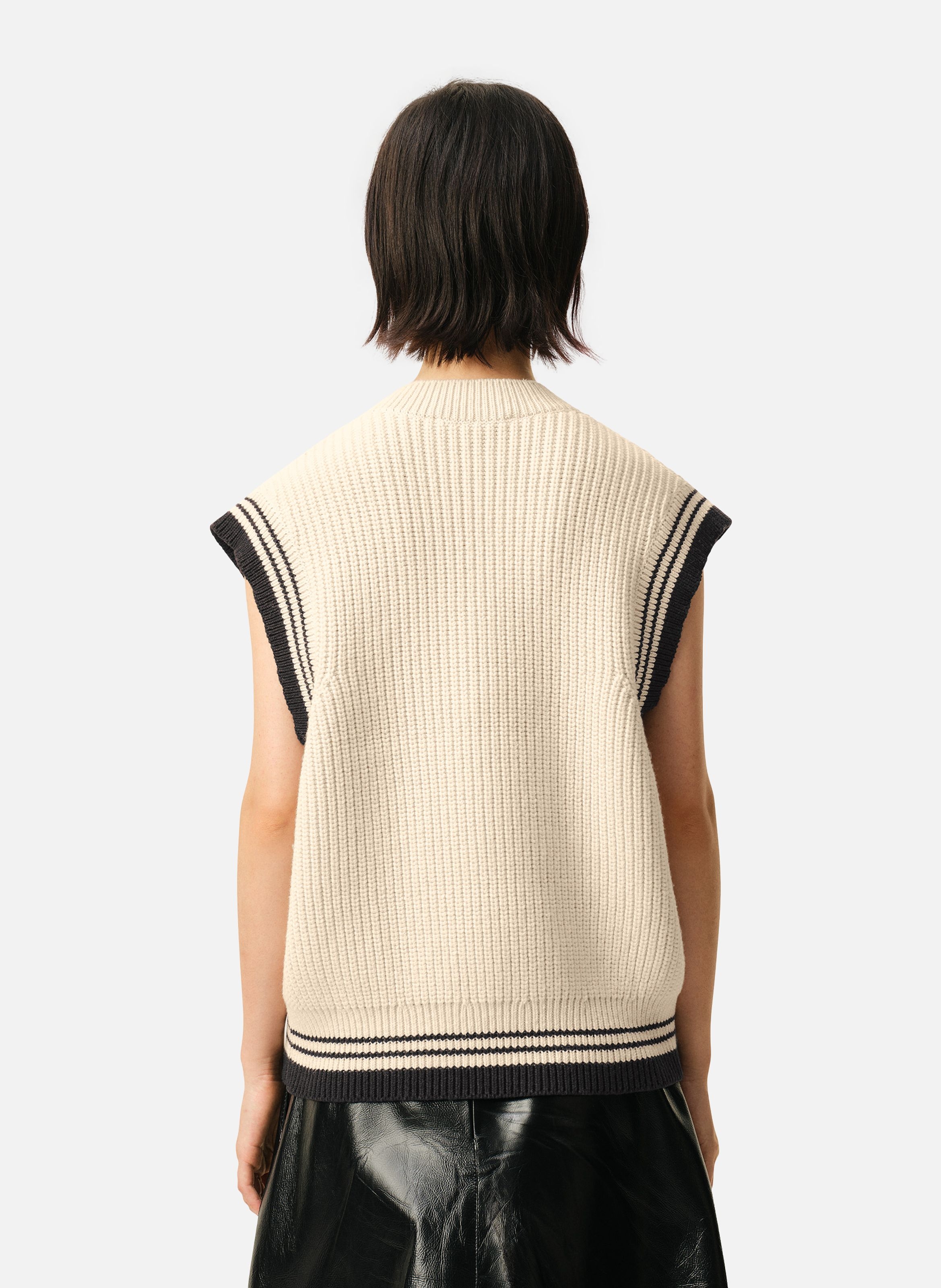 Pull col v sans manches ami de coeur en laine côtelée unisexe AMI PARIS Blanc