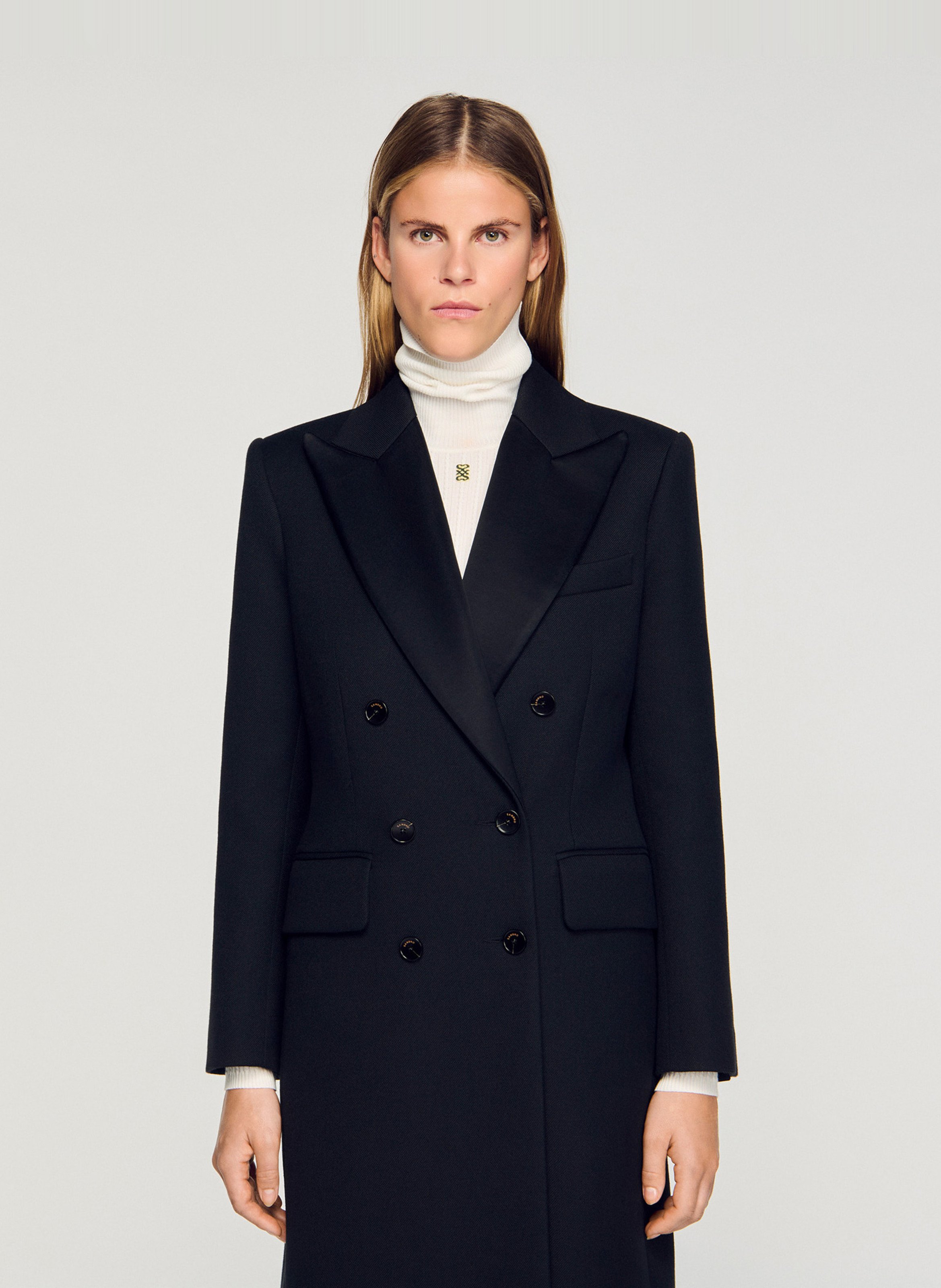 Manteau long à revers satiné SANDRO Noir