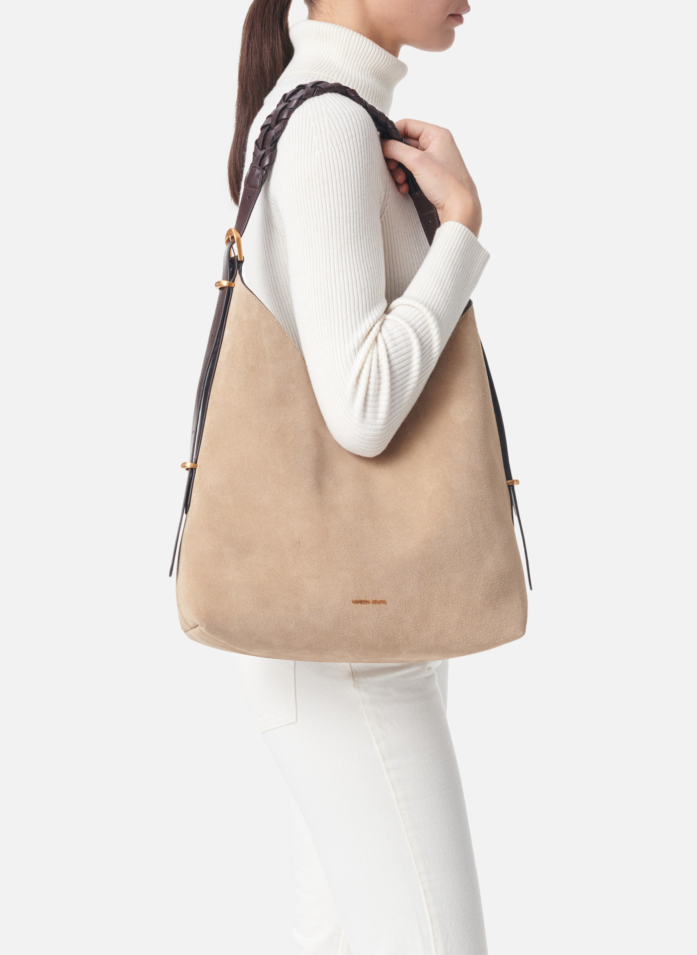 Grand Sac Hobo Jess en Cuir Velours VANESSA BRUNO Beige