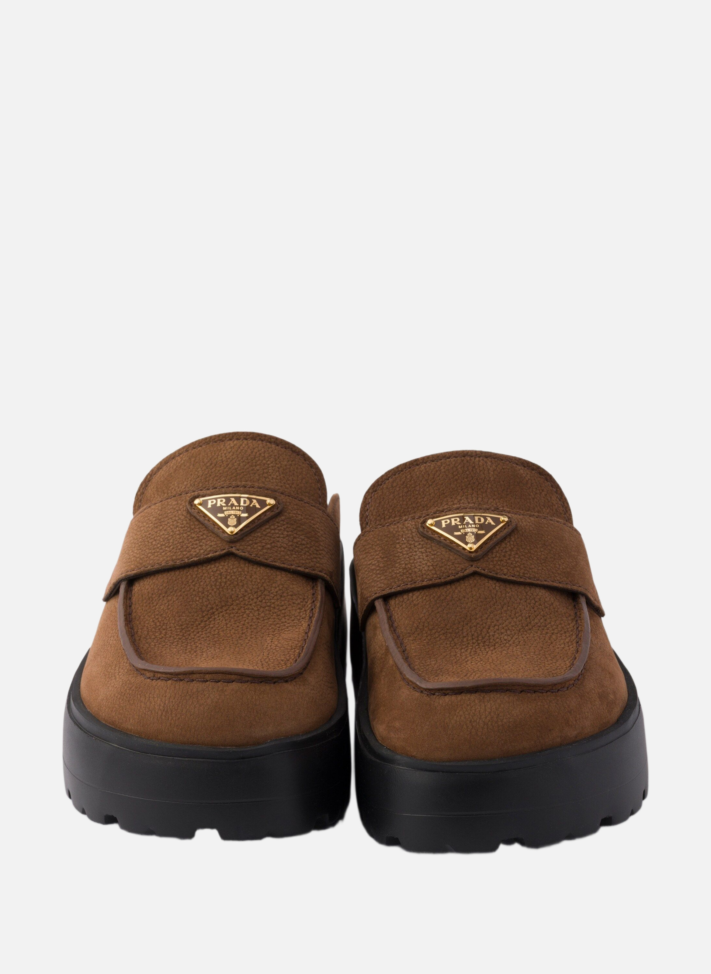 Mules à semelle plateforme en nubuck PRADA Marron