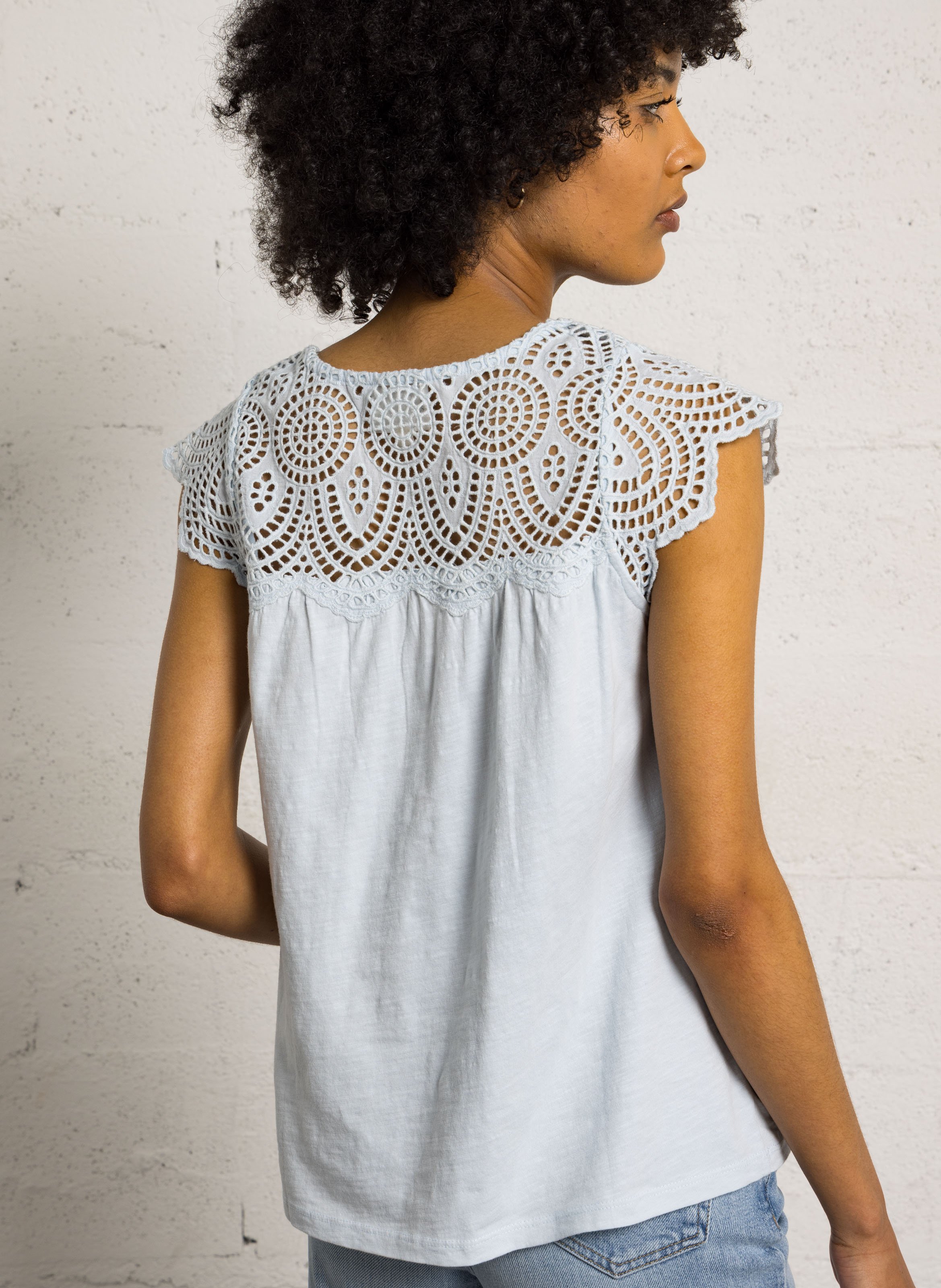 Top col v en coton lilou Bleu