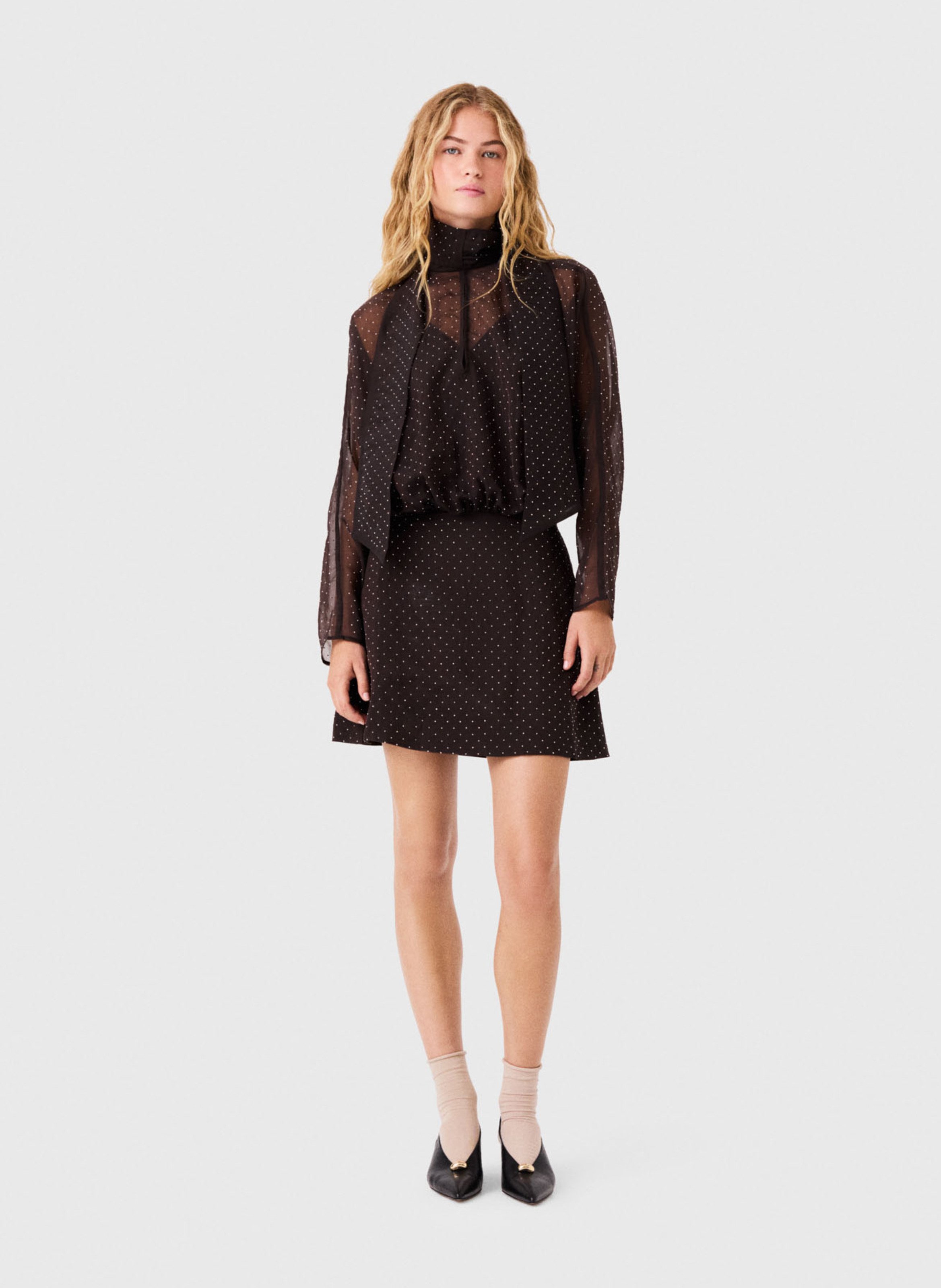 Robe droite col lavallière à pois MAJE Marron