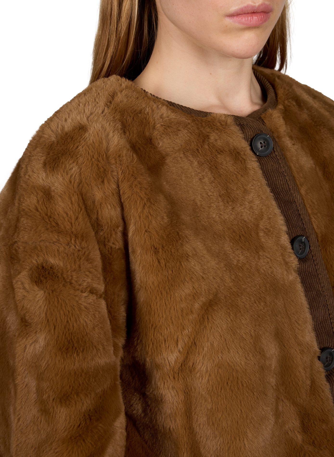 Round-Neck Fur Jacket VILA Brown