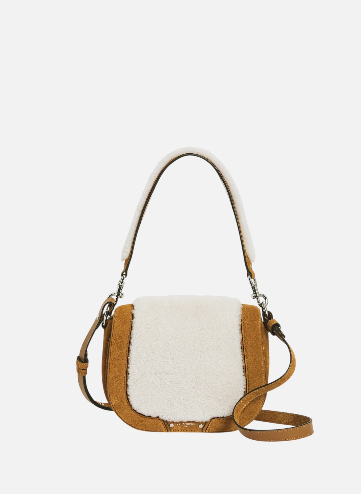 Sac bandoulière moyen modèle ella en cuir suède et peau lainée LE TANNEUR Marron