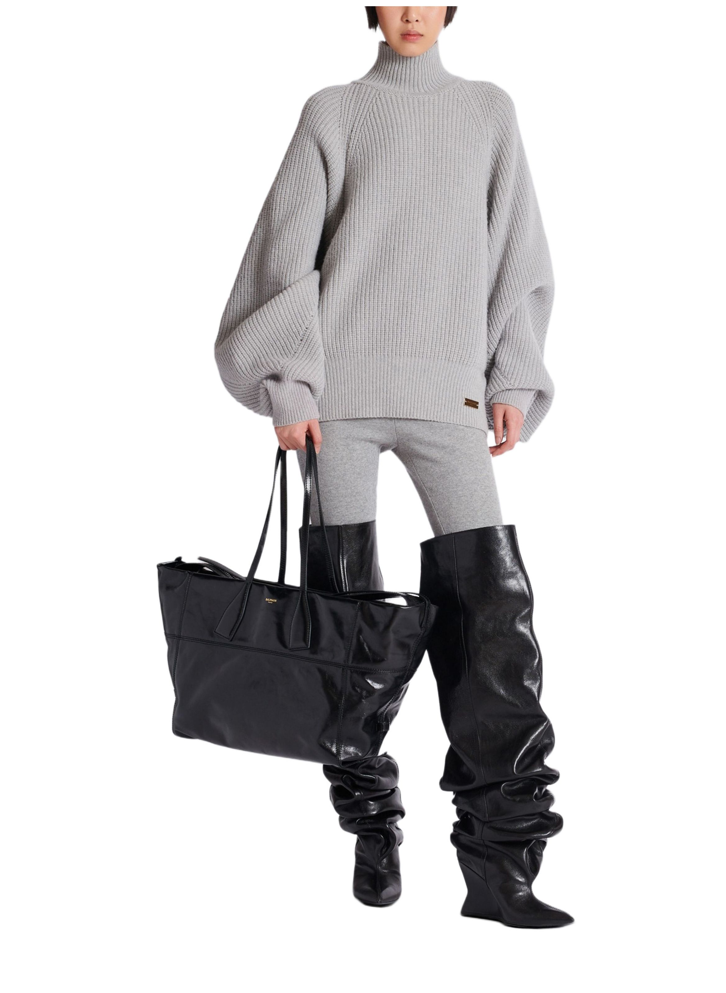 Sac cabas track zips en cuir de veau BALMAIN Noir