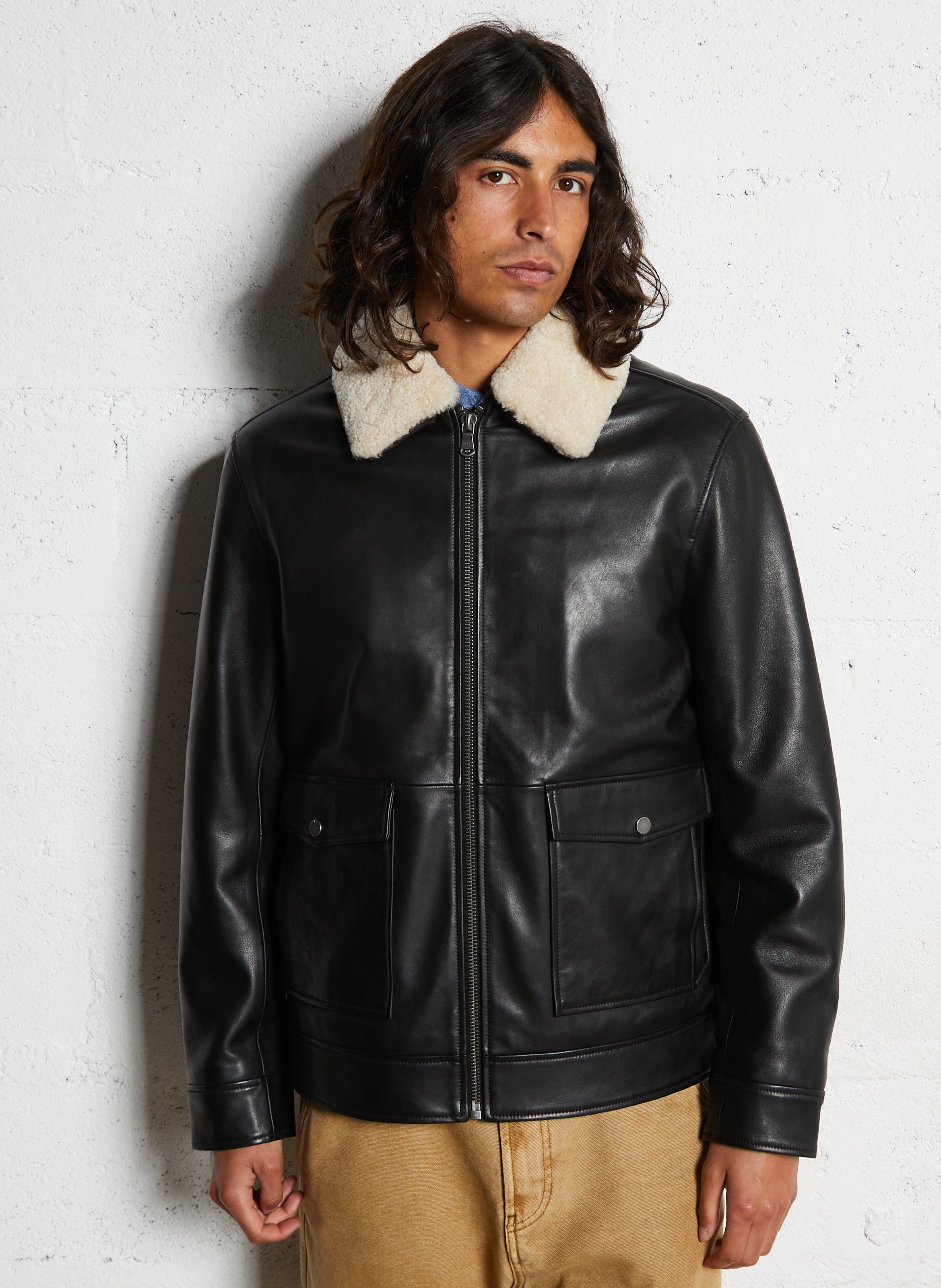 Blouson en cuir droit IKKS Noir