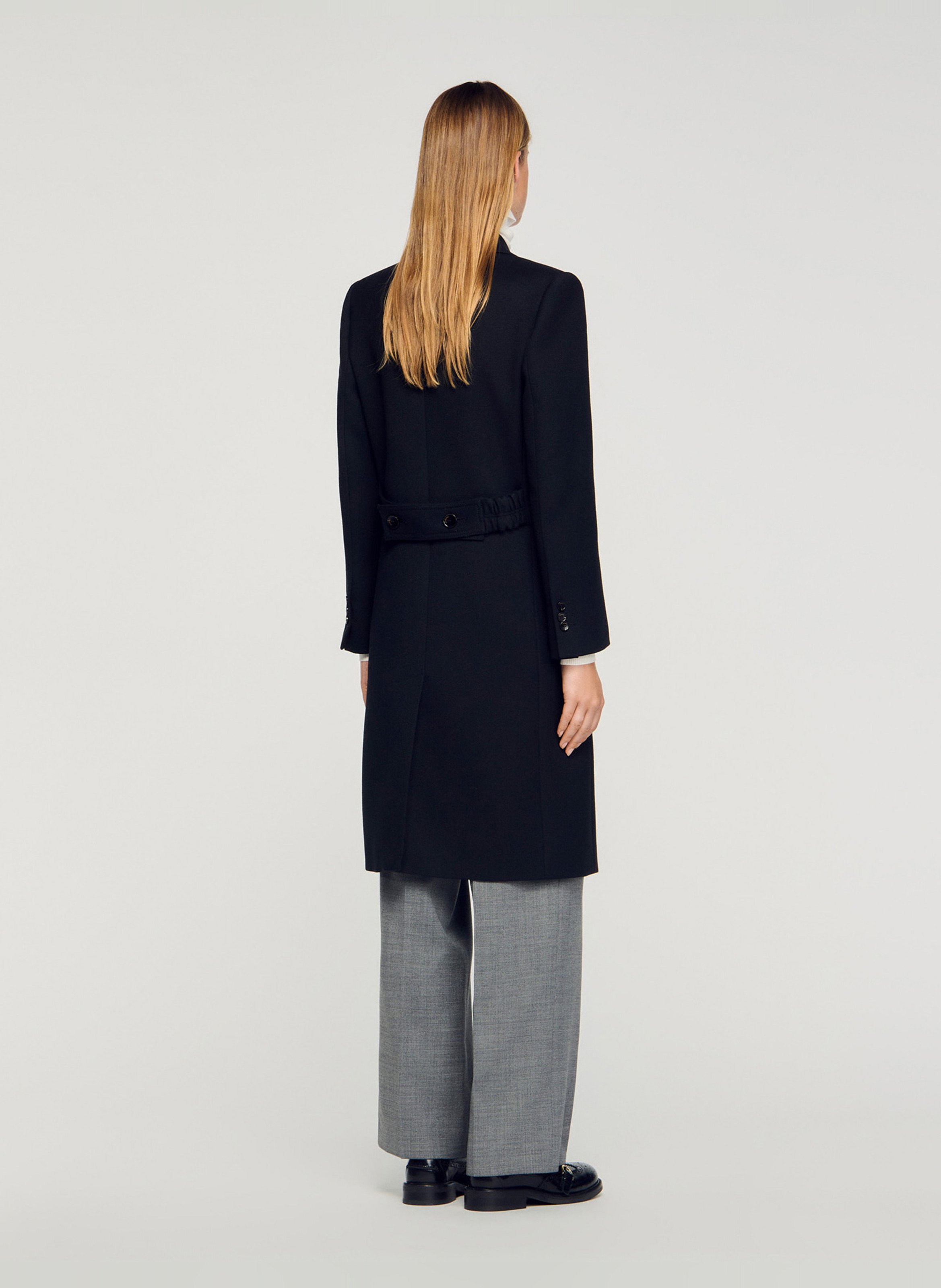 Manteau long à revers satiné SANDRO Noir