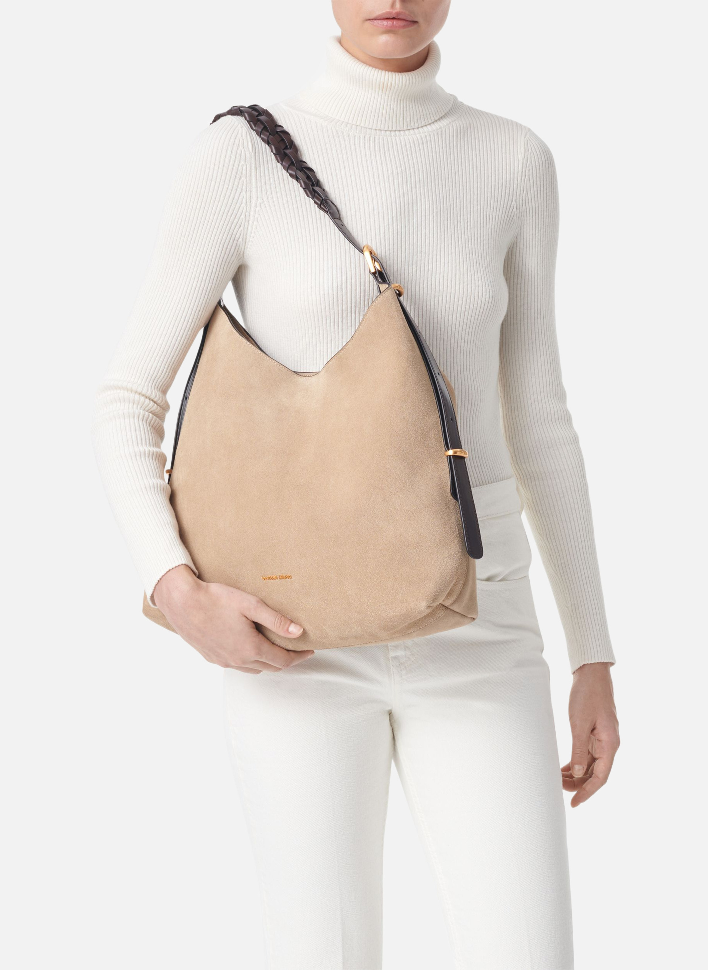 Grand Sac Hobo Jess en Cuir Velours VANESSA BRUNO Beige