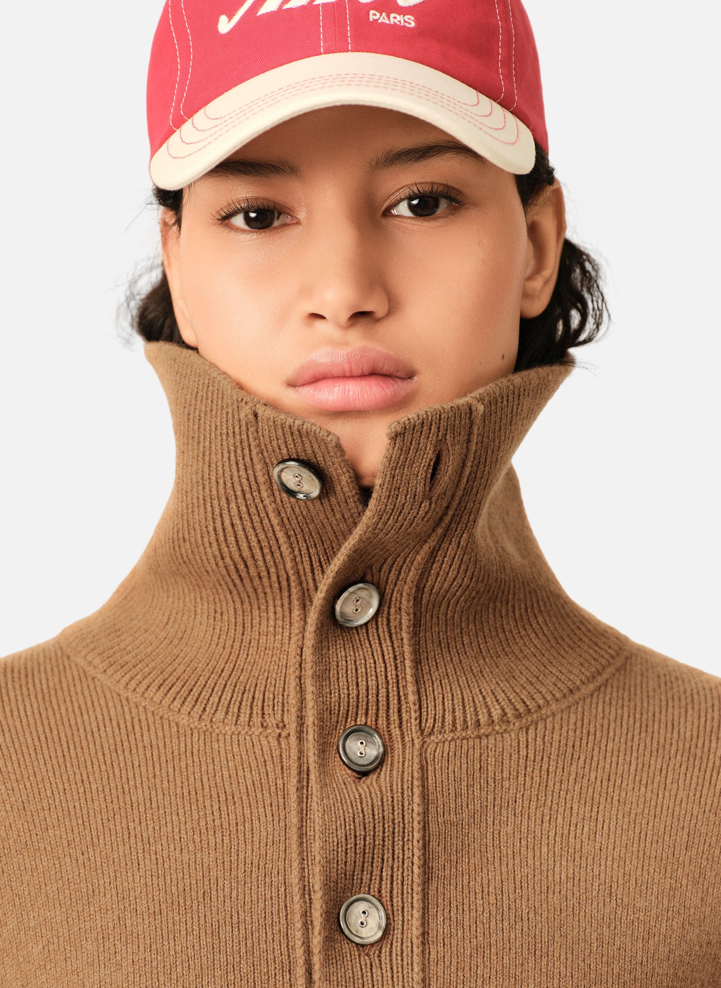 Pull col montant boutonné unisexe en laine AMI PARIS Marron