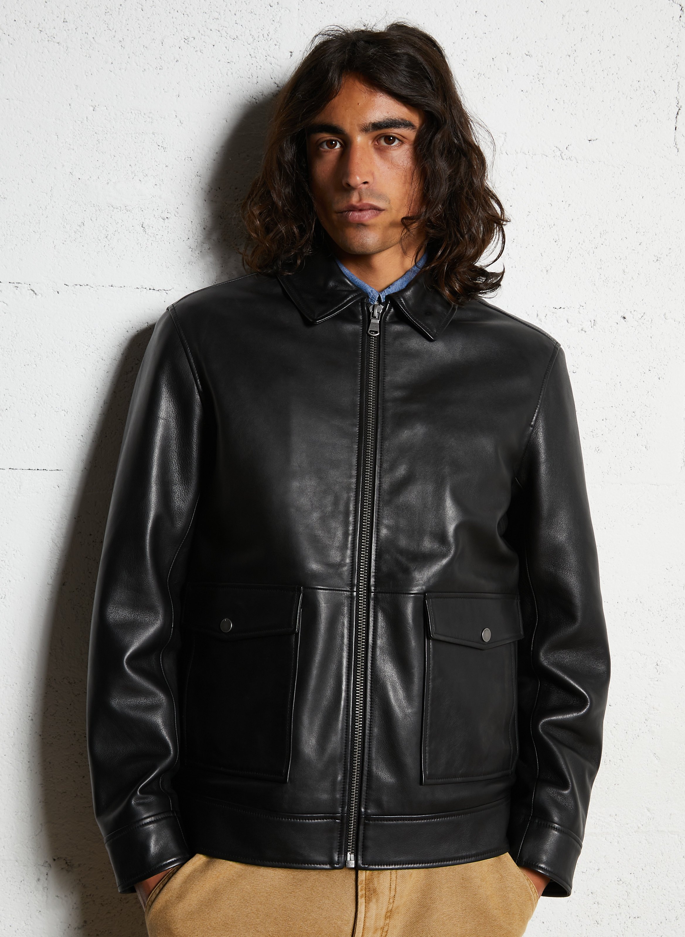 Blouson en cuir droit IKKS Noir