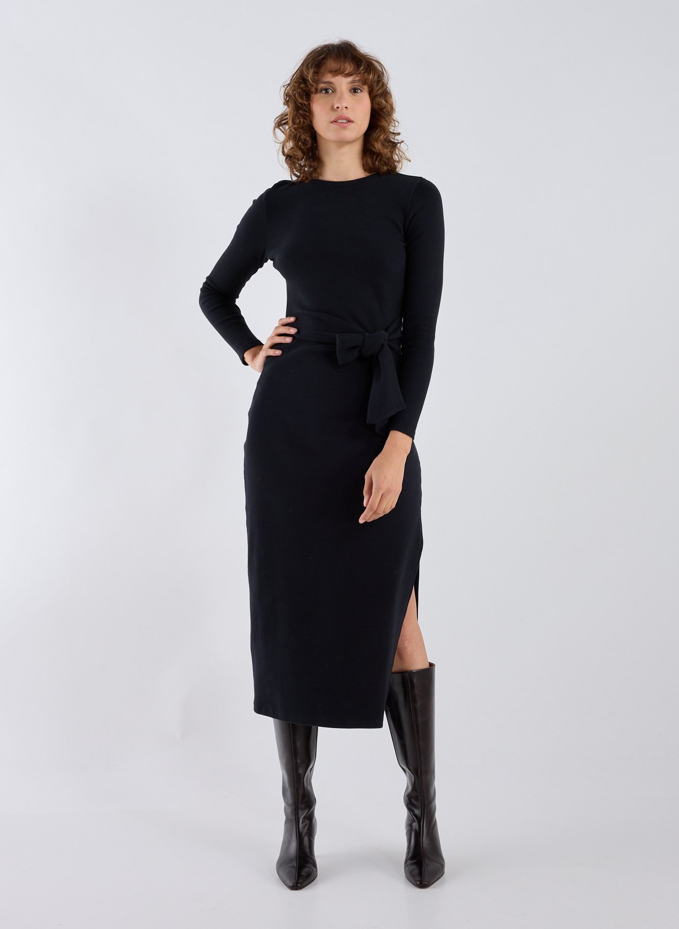 SAISON 1865 Long dress with tied waist in blended cotton Black