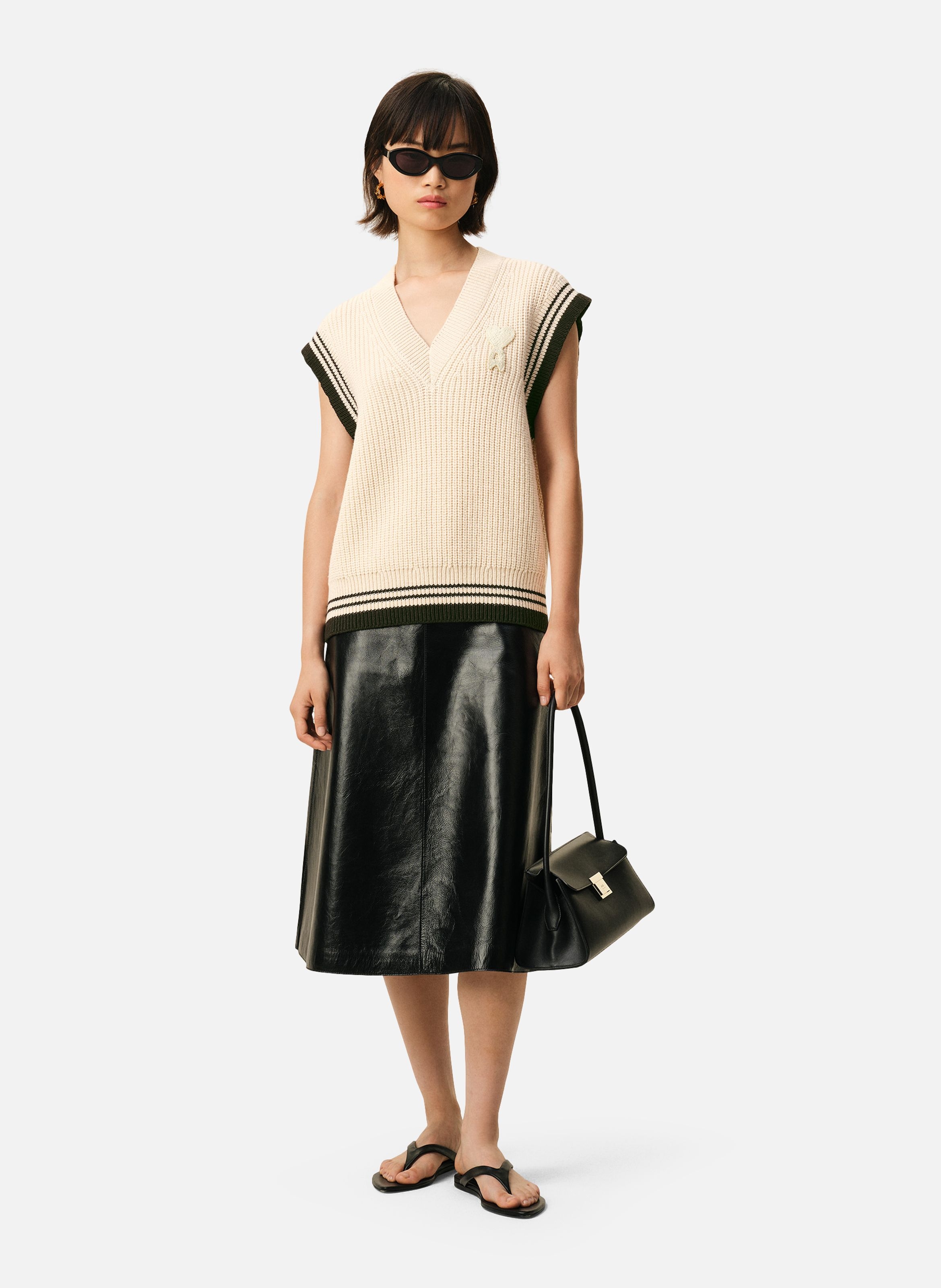 Pull col v sans manches ami de coeur en laine côtelée unisexe AMI PARIS Blanc