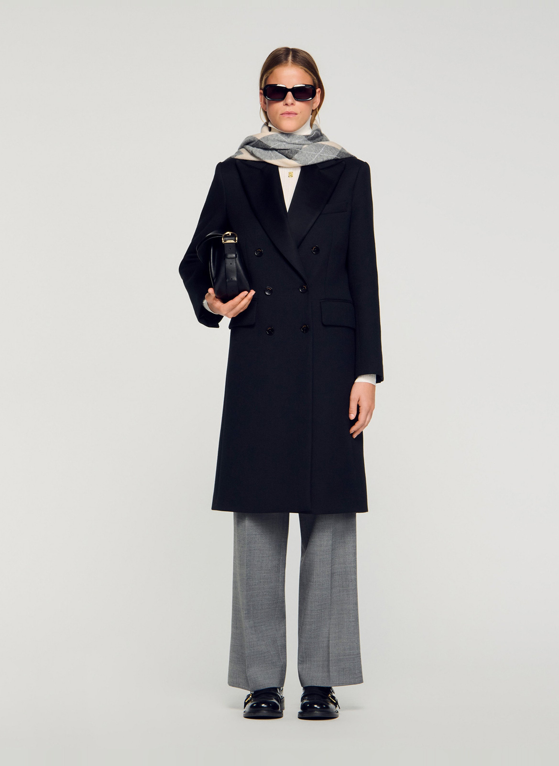 Manteau long à revers satiné SANDRO Noir