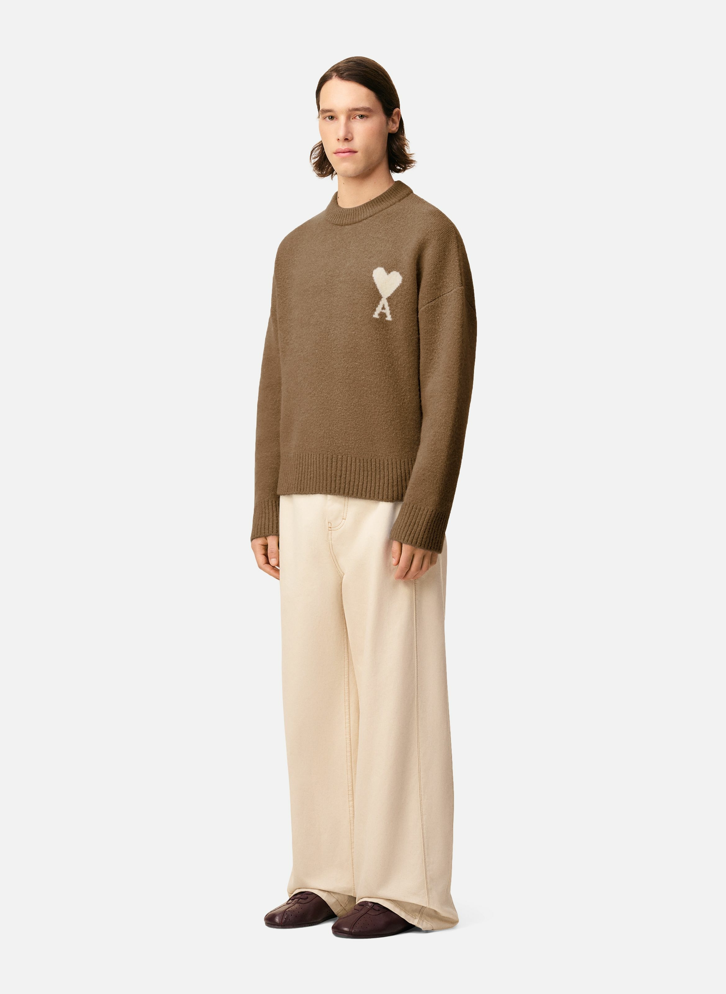 Pull col rond ami de coeur en alpaga unisexe AMI PARIS Marron