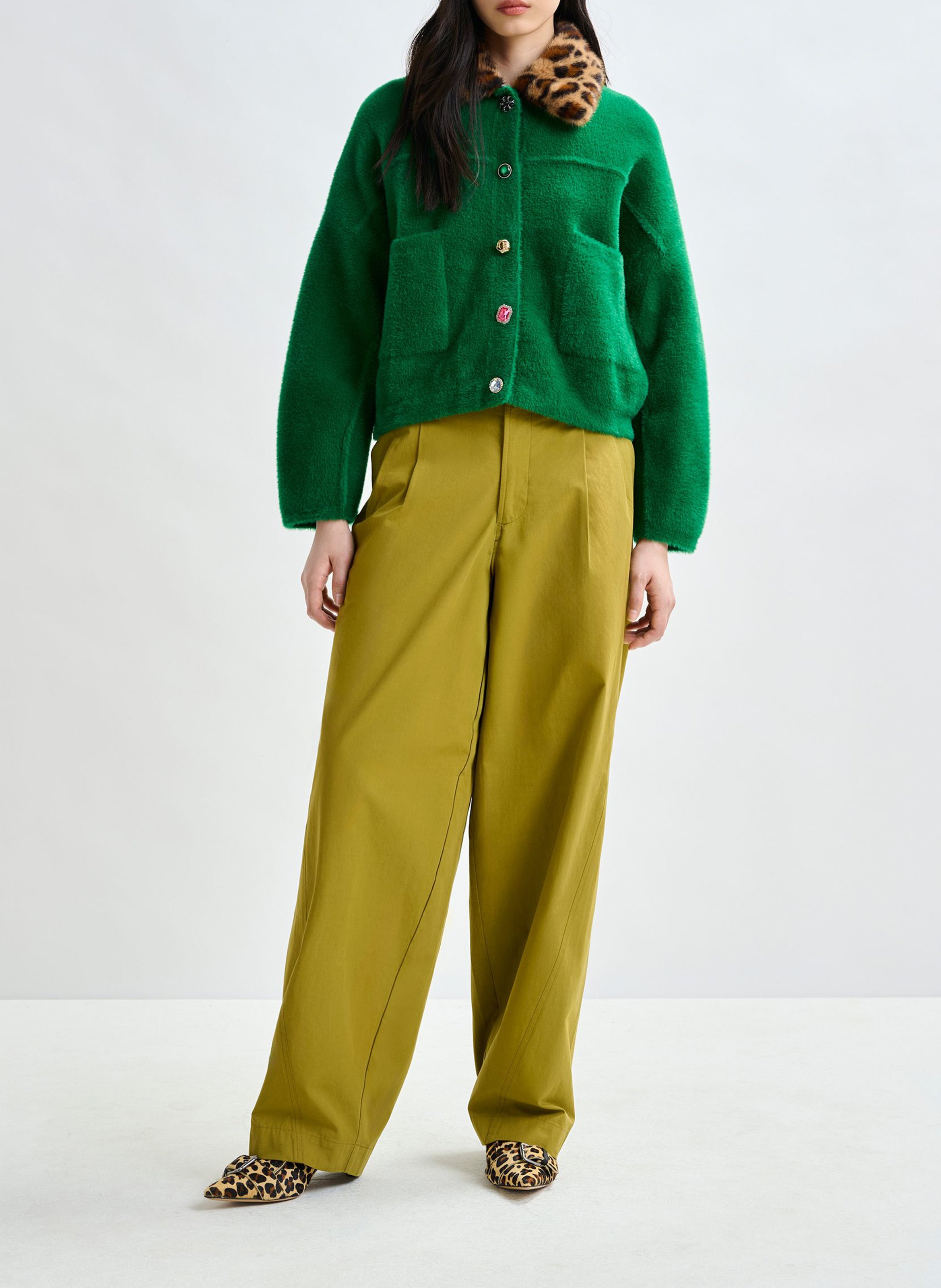 Cardigan ample à col fourrure amovible intention ESSENTIEL ANTWERP Vert