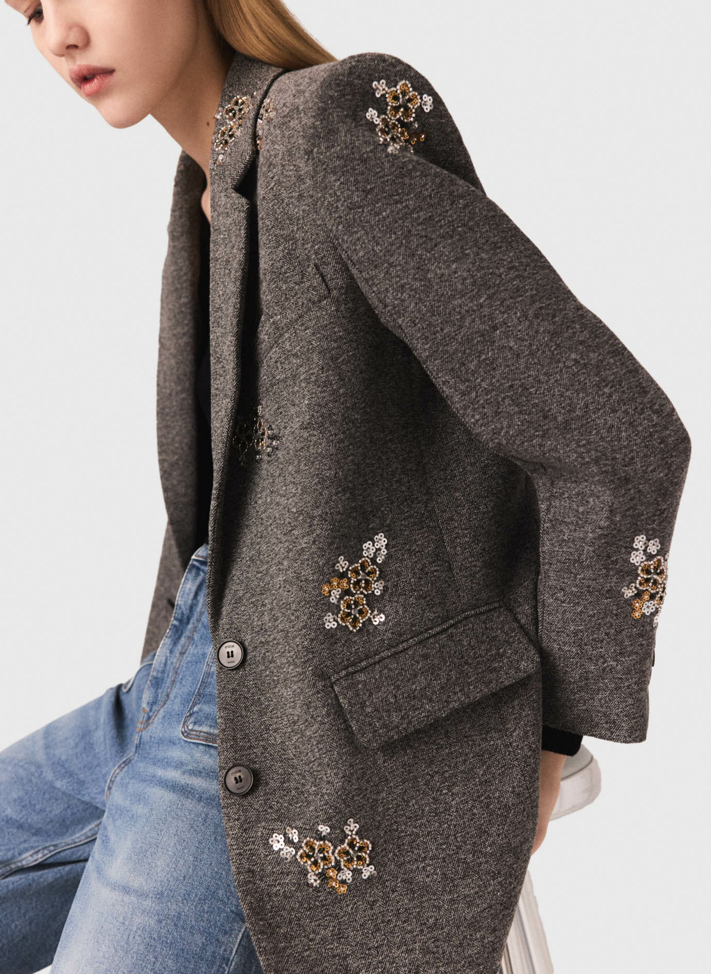 Veste col tailleur brodée MAJE Gris