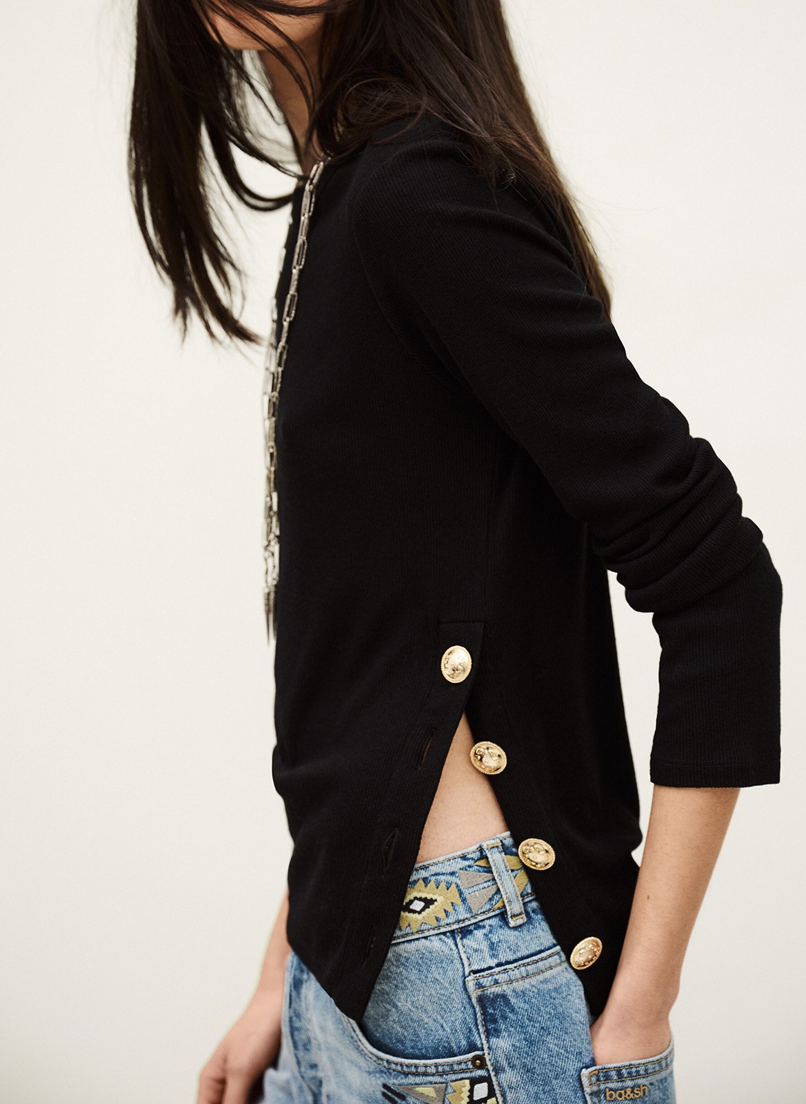 Tee-shirt droit côtelé col rond giulia BA&SH Noir